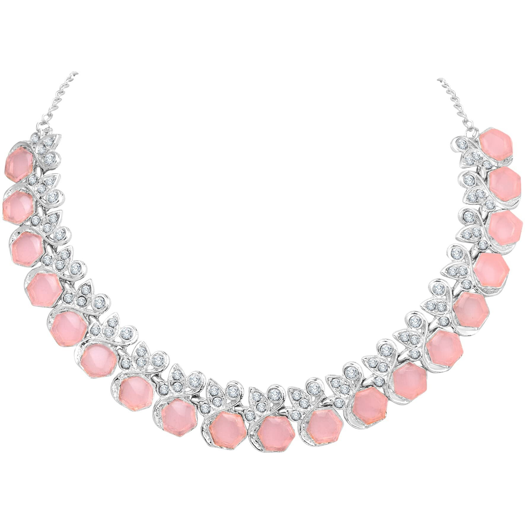 Atasi International Silver Plated Pink Crystals Diamond Womens Necklace Set | Jewellery Set With Earrings | RMP5766