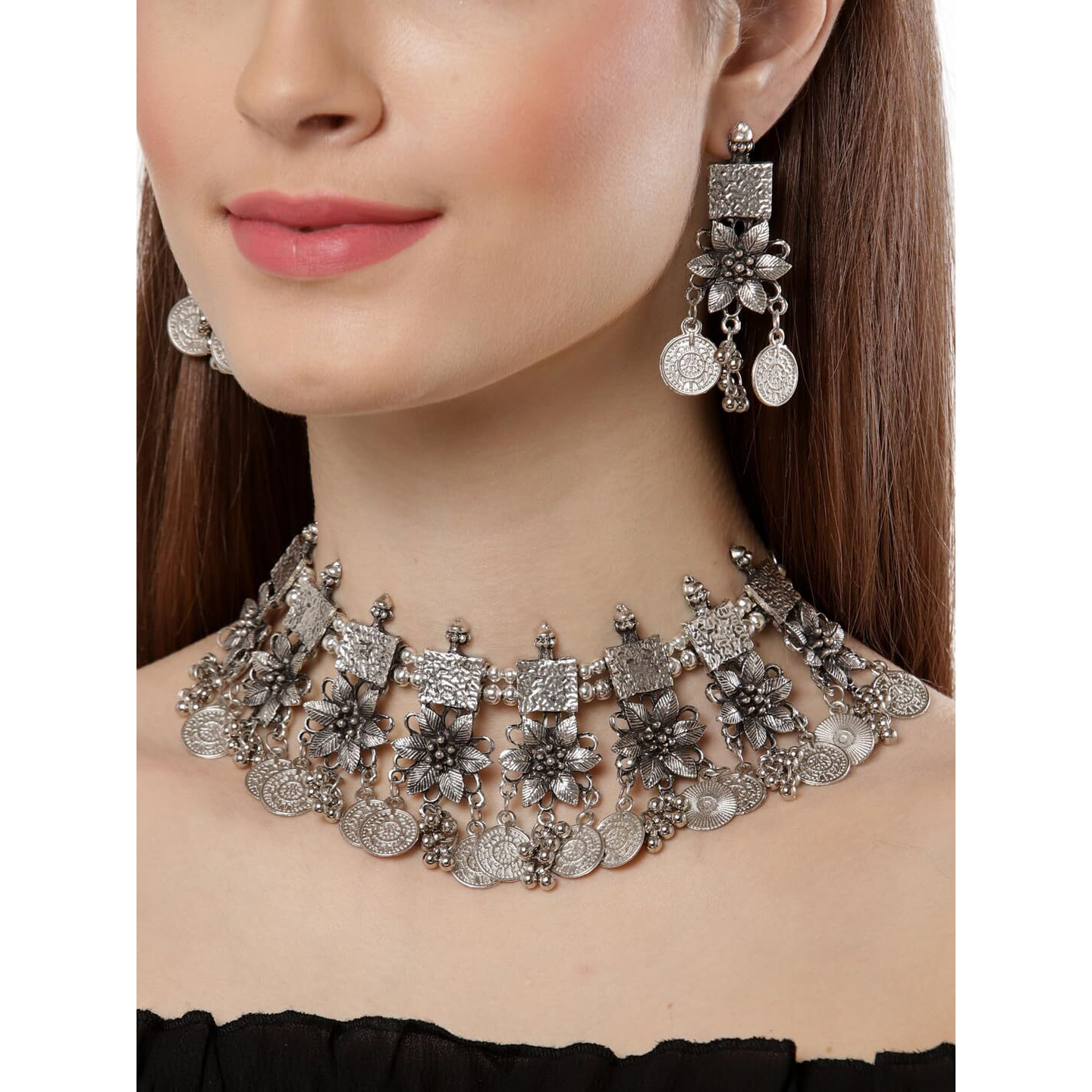 Shining Diva Fashion Latest Stylish Fancy Oxidized Traditional Oxidised Choker Necklace Jewellery Set for Women (rrsd13124s)
