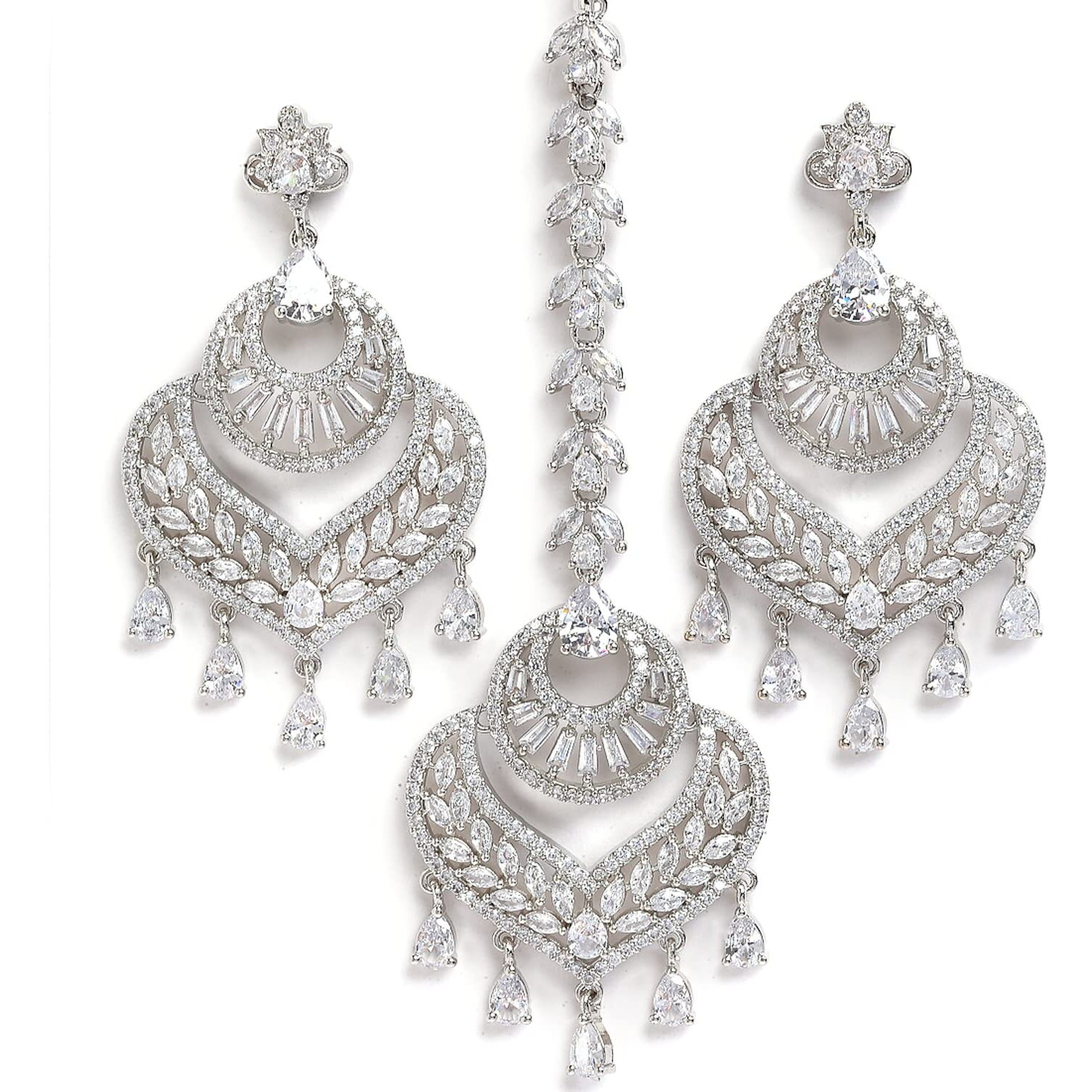 ZENEME Stylish Shiny Round Design Rodhium-Plated Maang Tikka Earring Set Jewellery For Women and Girls (Design 5)