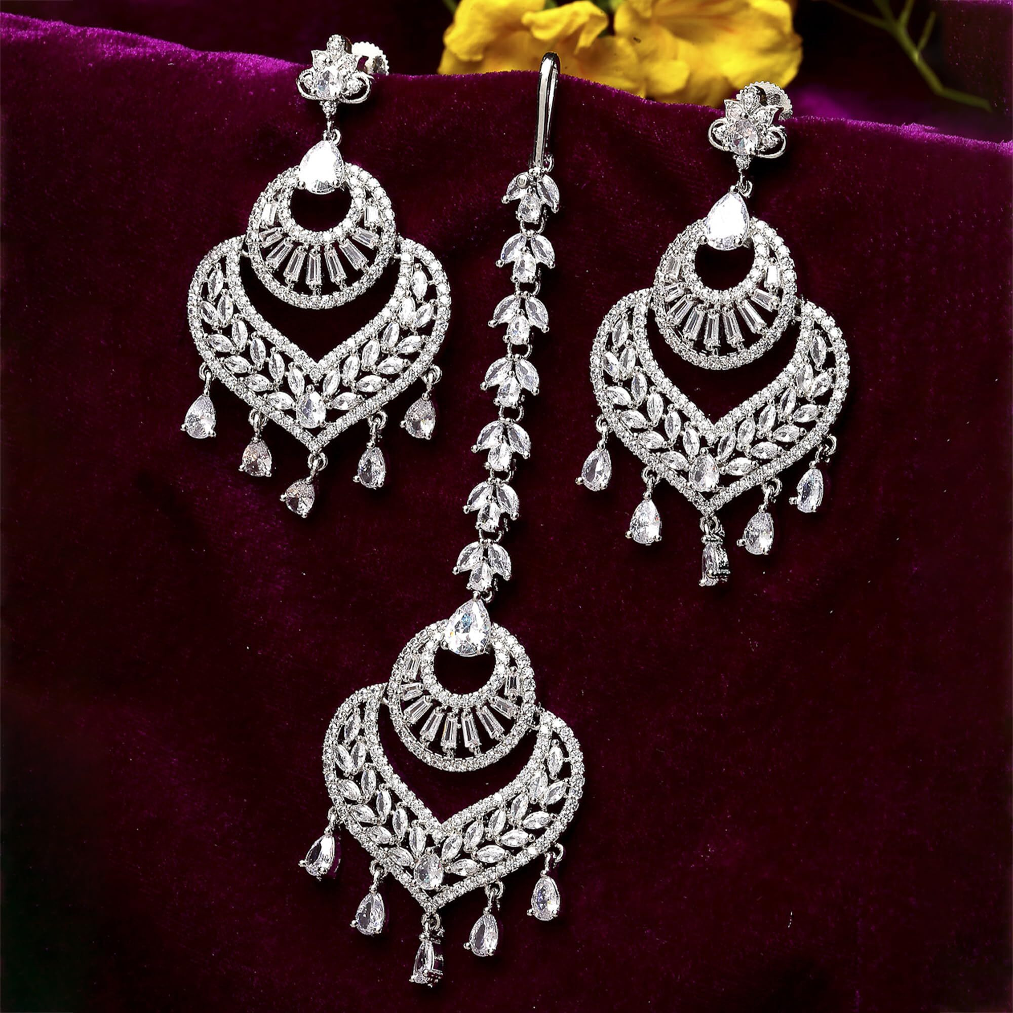 ZENEME Stylish Shiny Round Design Rodhium-Plated Maang Tikka Earring Set Jewellery For Women and Girls (Design 5)