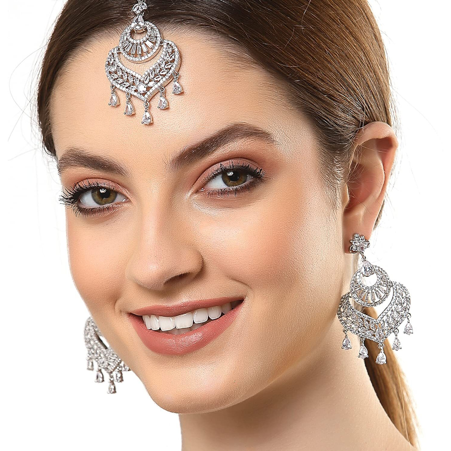 ZENEME Stylish Shiny Round Design Rodhium-Plated Maang Tikka Earring Set Jewellery For Women and Girls (Design 5)