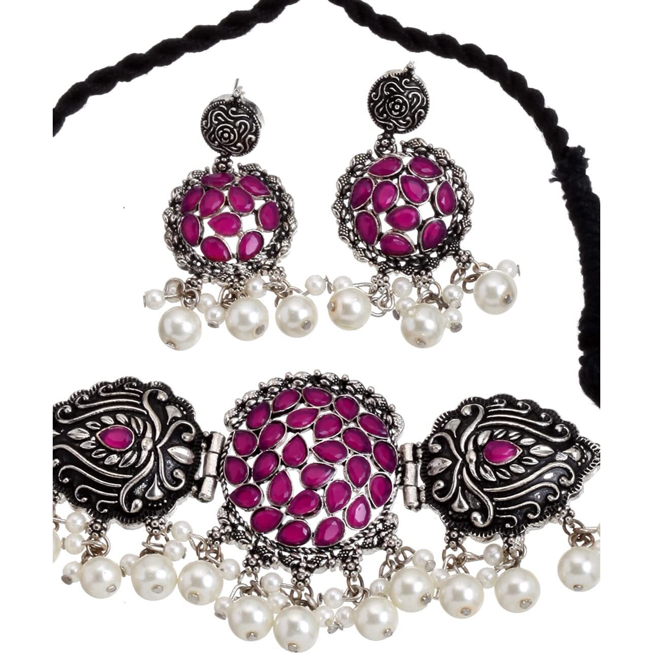 Shining Diva Fashion Latest Stylish Traditional Oxidised Silver Necklace Jewellery Set for Women (13199s)