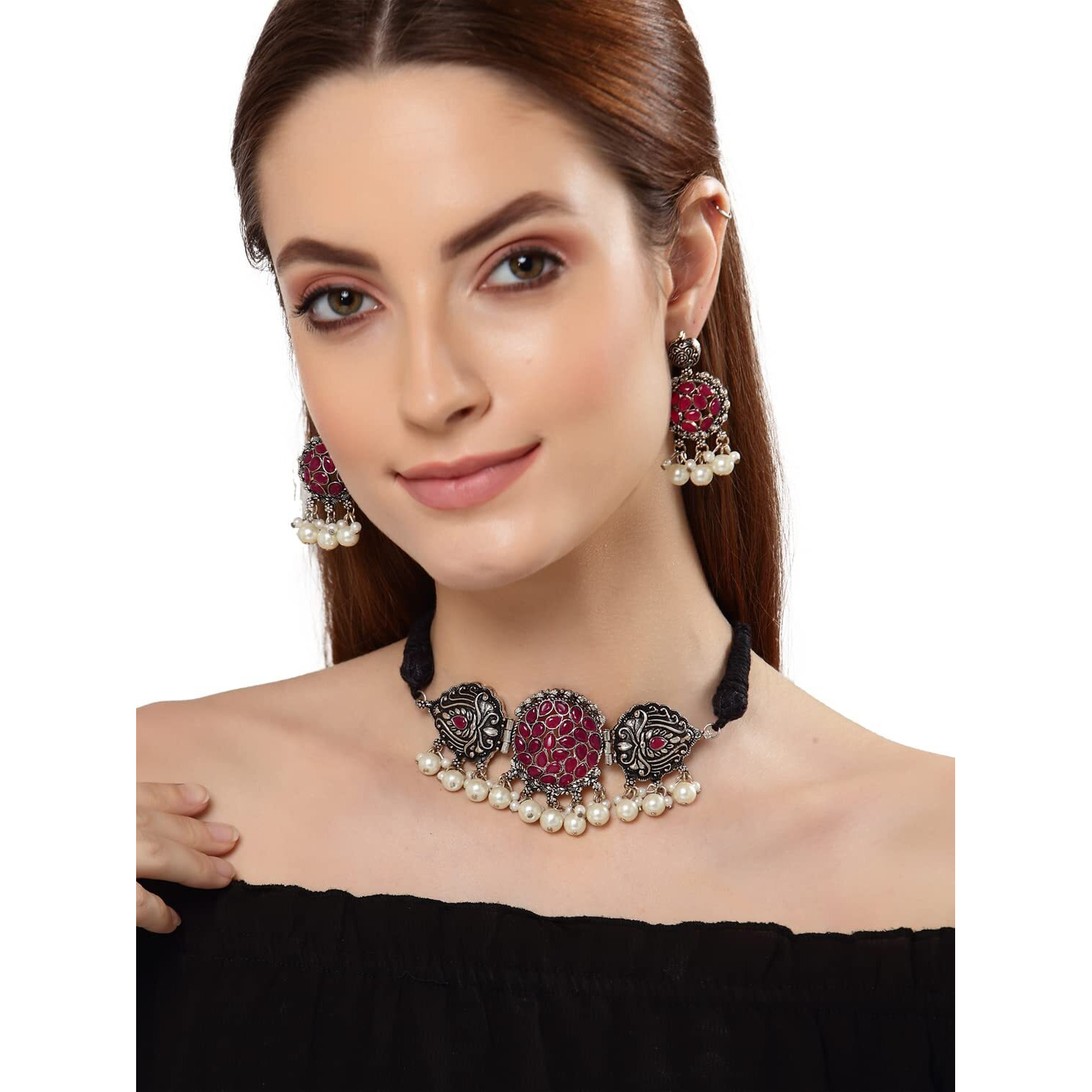 Shining Diva Fashion Latest Stylish Traditional Oxidised Silver Necklace Jewellery Set for Women (13199s)