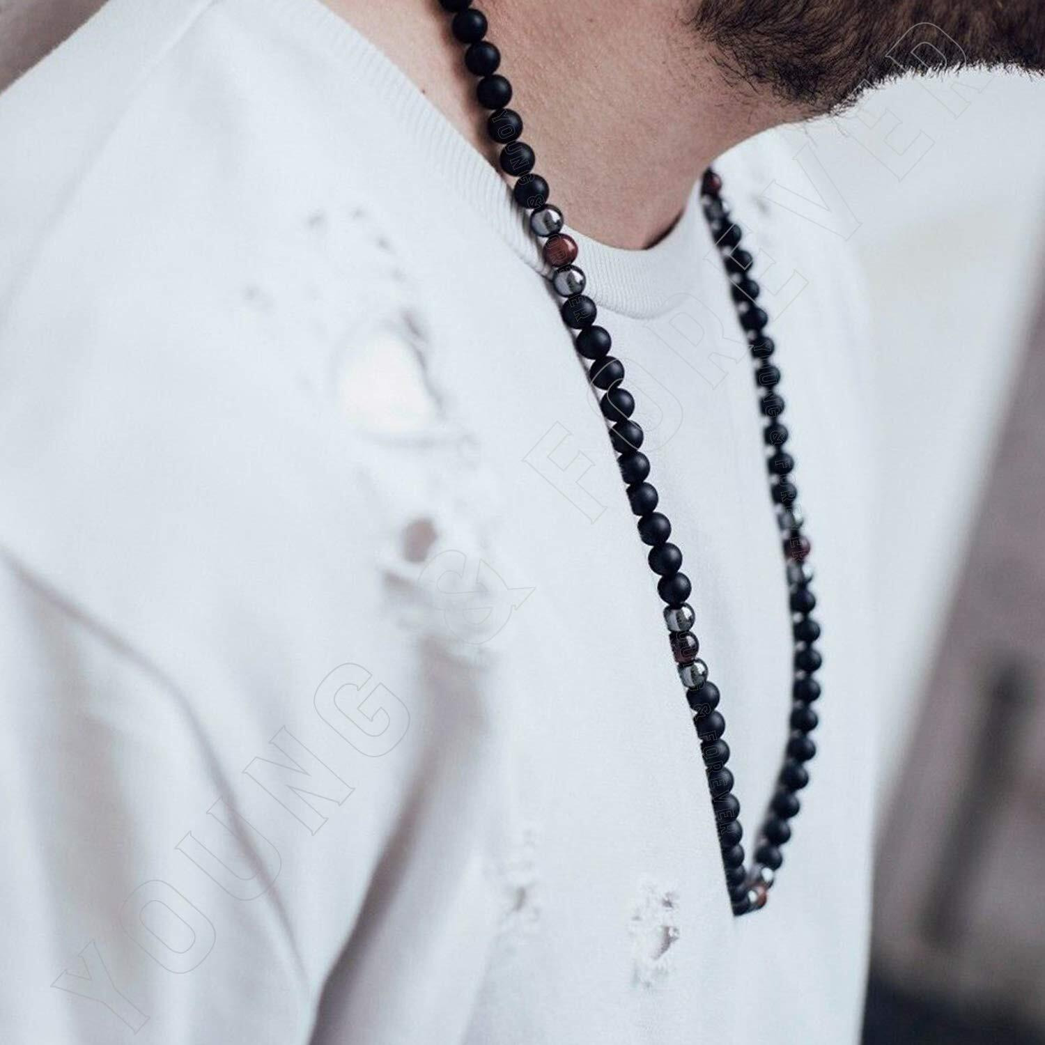 Young & Forever Gift Dvine Spiritual Natural Semi Precious Stone Jewellery Necklace Red Tiger Eye Onyx Hematite Reiki Men Necklace Buddha Beads and Men Necklace Long