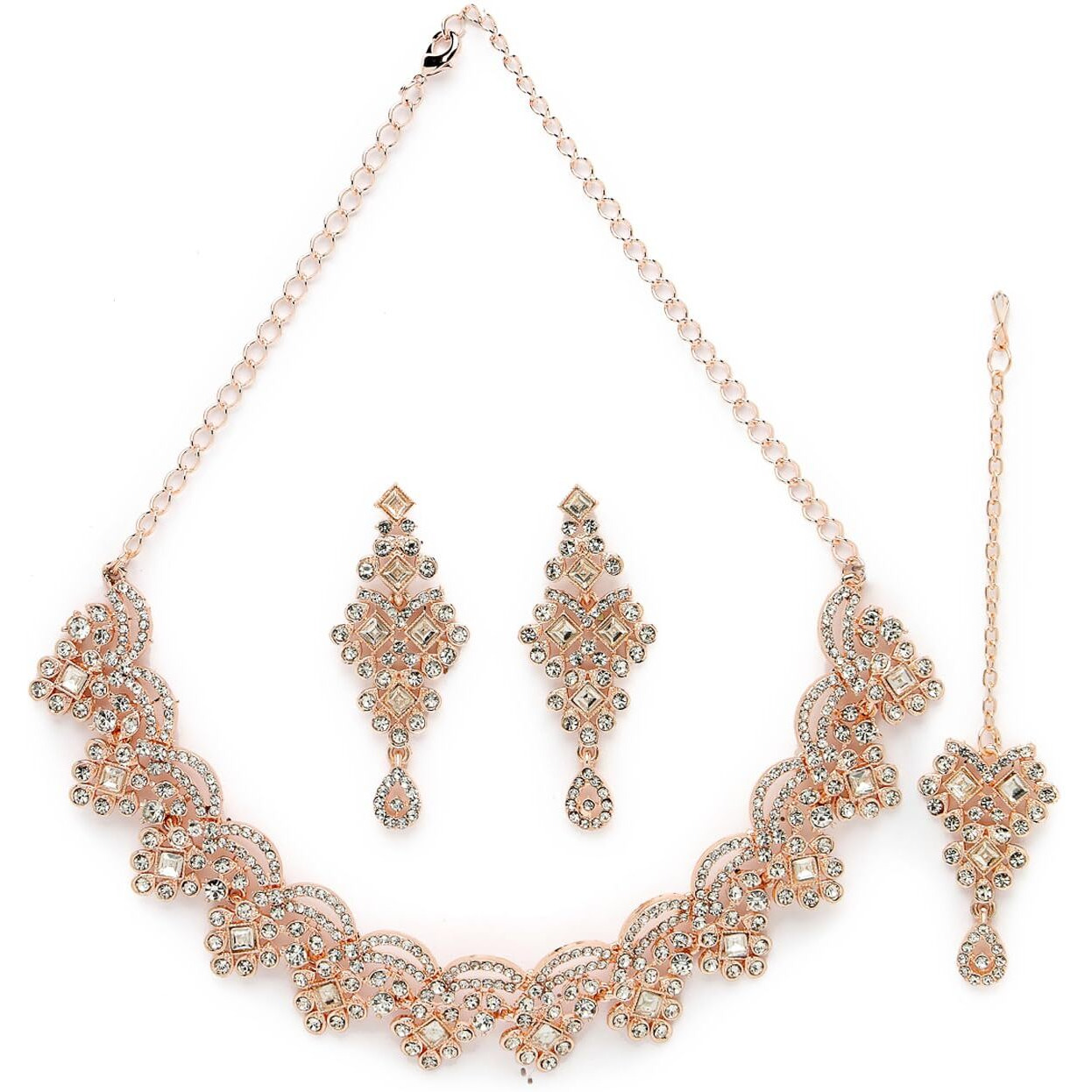 Sukkhi Untamed Rose Gold Plated AD White Stone Collar Bone Necklace Set With Earring And Maangtika | Jewellery Set For Women (NS105635)