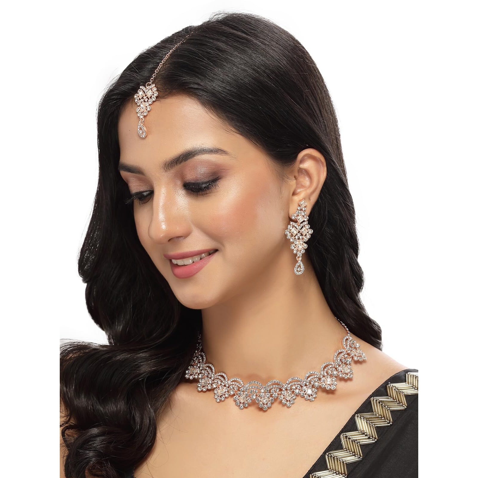 Sukkhi Untamed Rose Gold Plated AD White Stone Collar Bone Necklace Set With Earring And Maangtika | Jewellery Set For Women (NS105635)