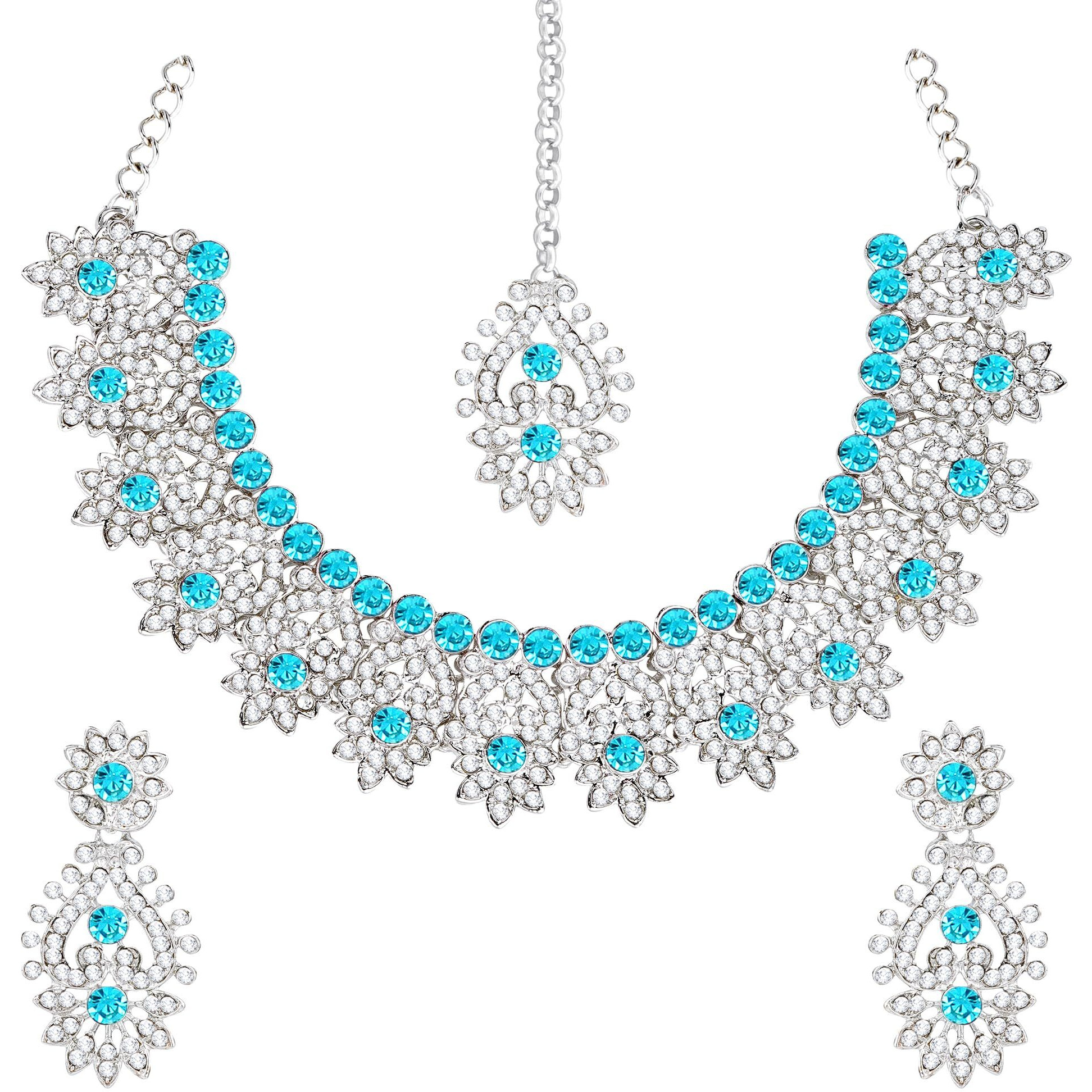 Atasi International Silver Plated Crystal AD Necklace Set with Earrings and Maang Tikka For Women Suitable for Bridal, Wedding, Party & Festive Occasional Wear (Aqua Blue)