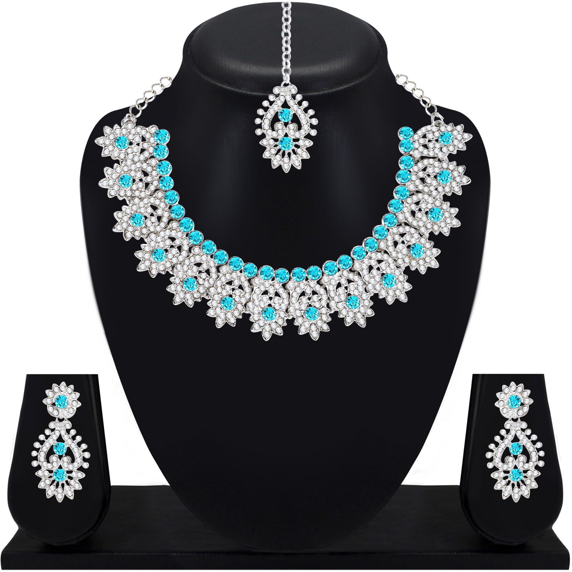 Atasi International Silver Plated Crystal AD Necklace Set with Earrings and Maang Tikka For Women Suitable for Bridal, Wedding, Party & Festive Occasional Wear (Aqua Blue)