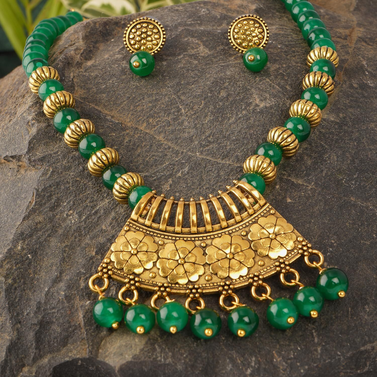 JFL - Jewellery for Less Stylish Gold Plated Antique Semi-Circle Pendant Beaded Tribal Necklace Set for Women and Girls (Green),Valentine