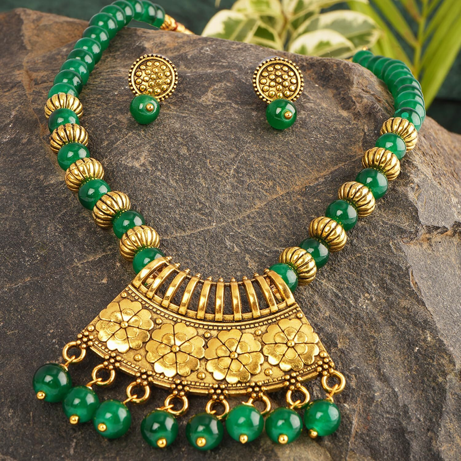 JFL - Jewellery for Less Stylish Gold Plated Antique Semi-Circle Pendant Beaded Tribal Necklace Set for Women and Girls (Green),Valentine