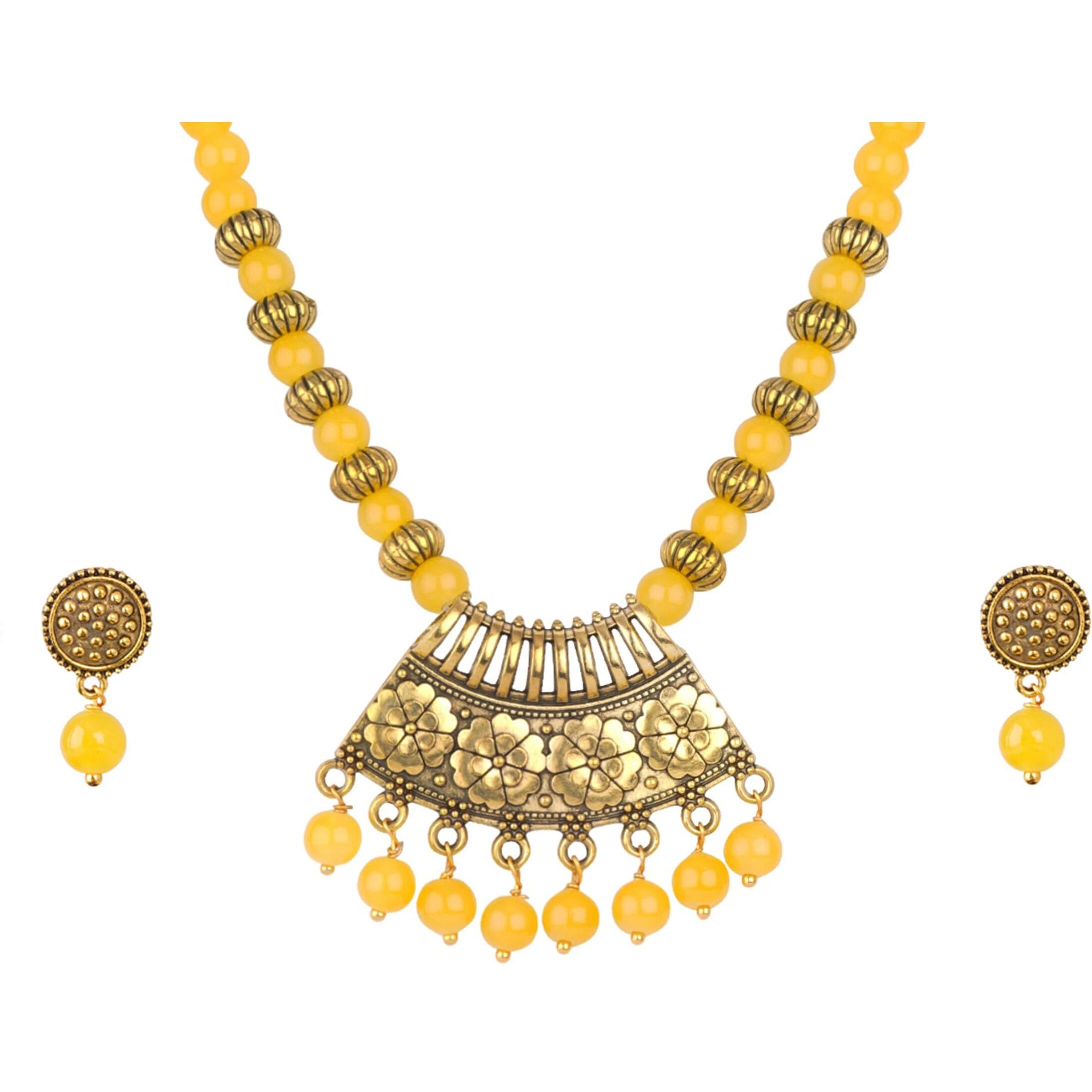 JFL - Jewellery for Less Contemporary Oxidised German Gold Plated Floral Pendant Beaded Tribal Necklace Set for Women and Girls(Yellow),Valentine
