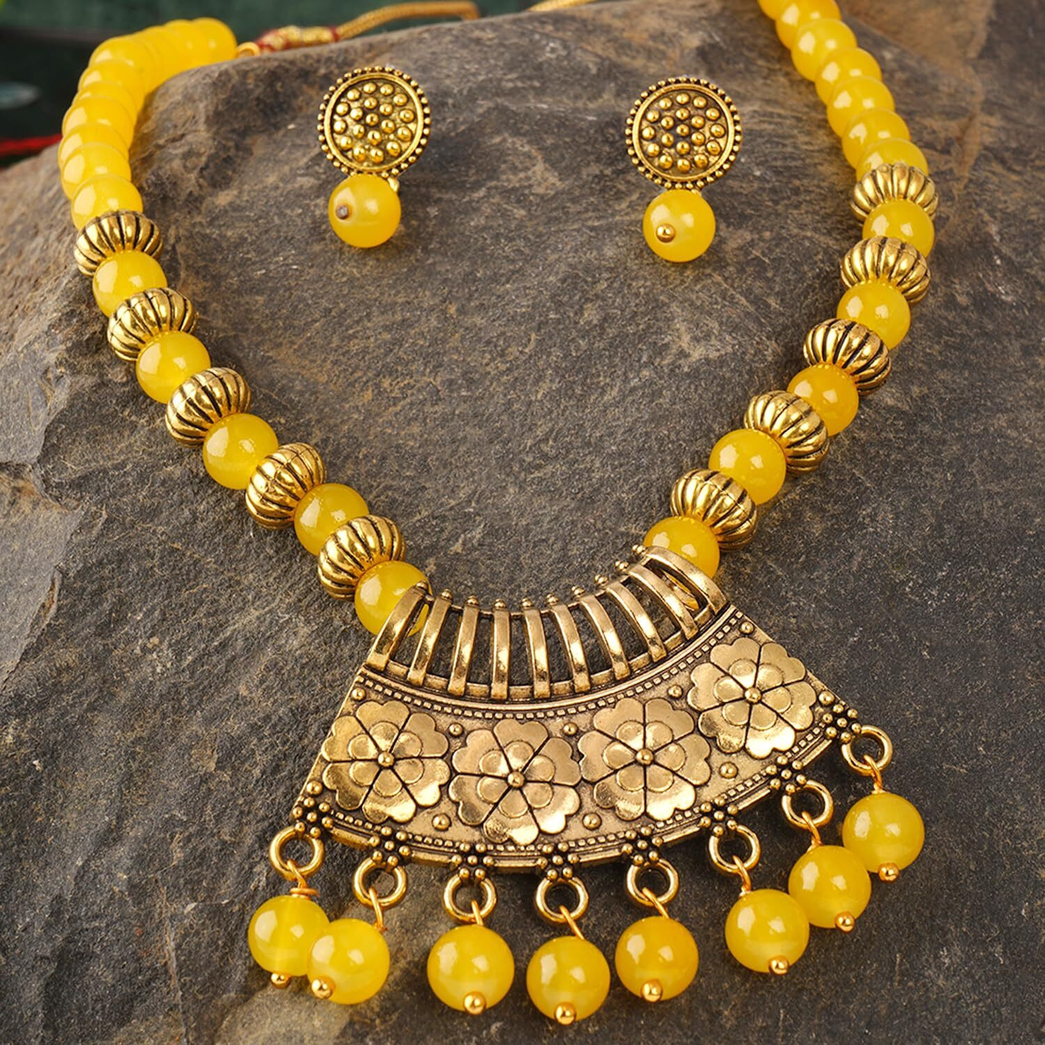 JFL - Jewellery for Less Contemporary Oxidised German Gold Plated Floral Pendant Beaded Tribal Necklace Set for Women and Girls(Yellow),Valentine