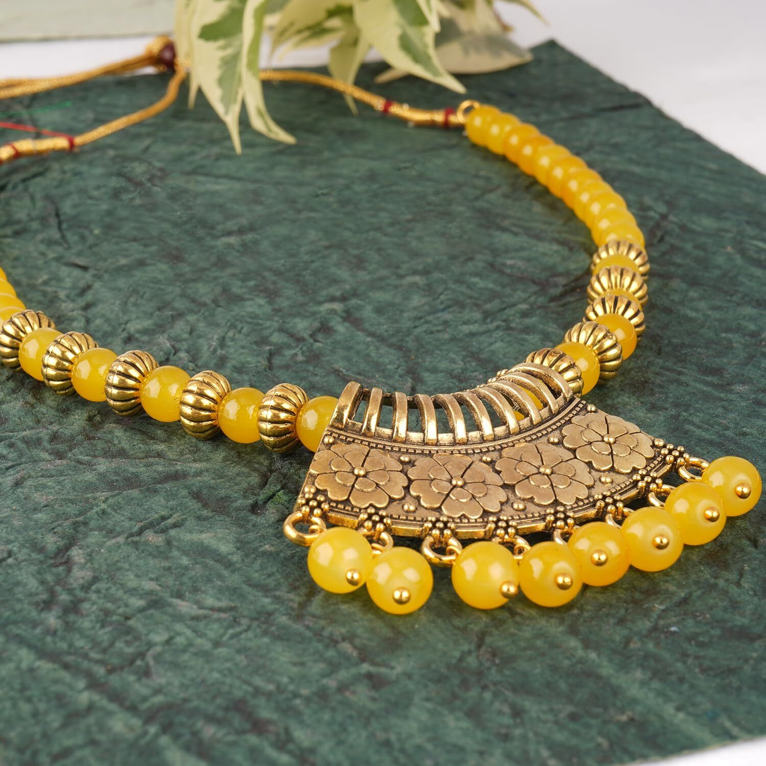 JFL - Jewellery for Less Contemporary Oxidised German Gold Plated Floral Pendant Beaded Tribal Necklace Set for Women and Girls(Yellow),Valentine