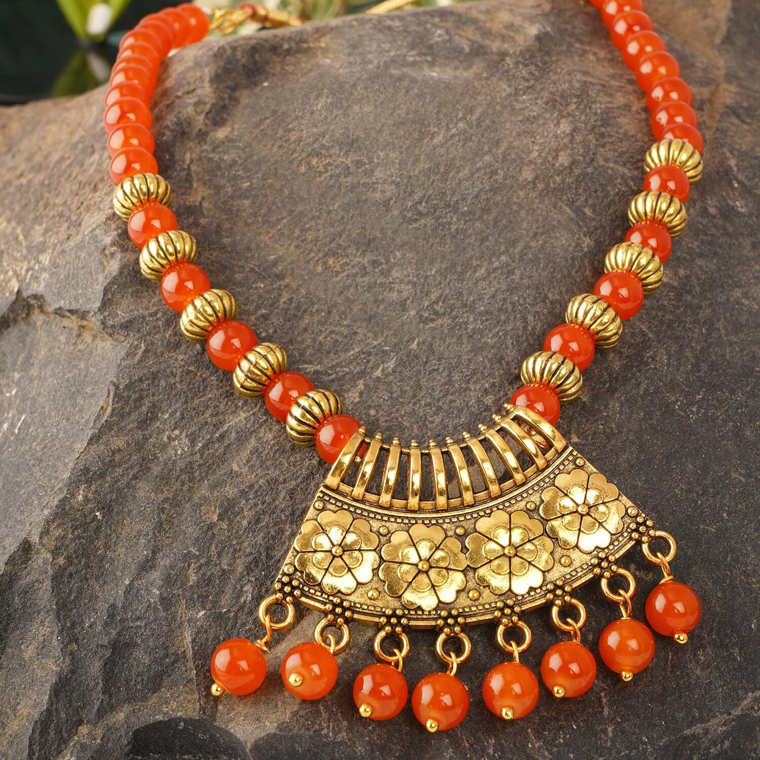 JFL - Jewellery for Less Contemporary Oxidised German Gold Plated Floral Pendant Beaded Tribal Necklace Set for Women and Girls(Orange),Valentine