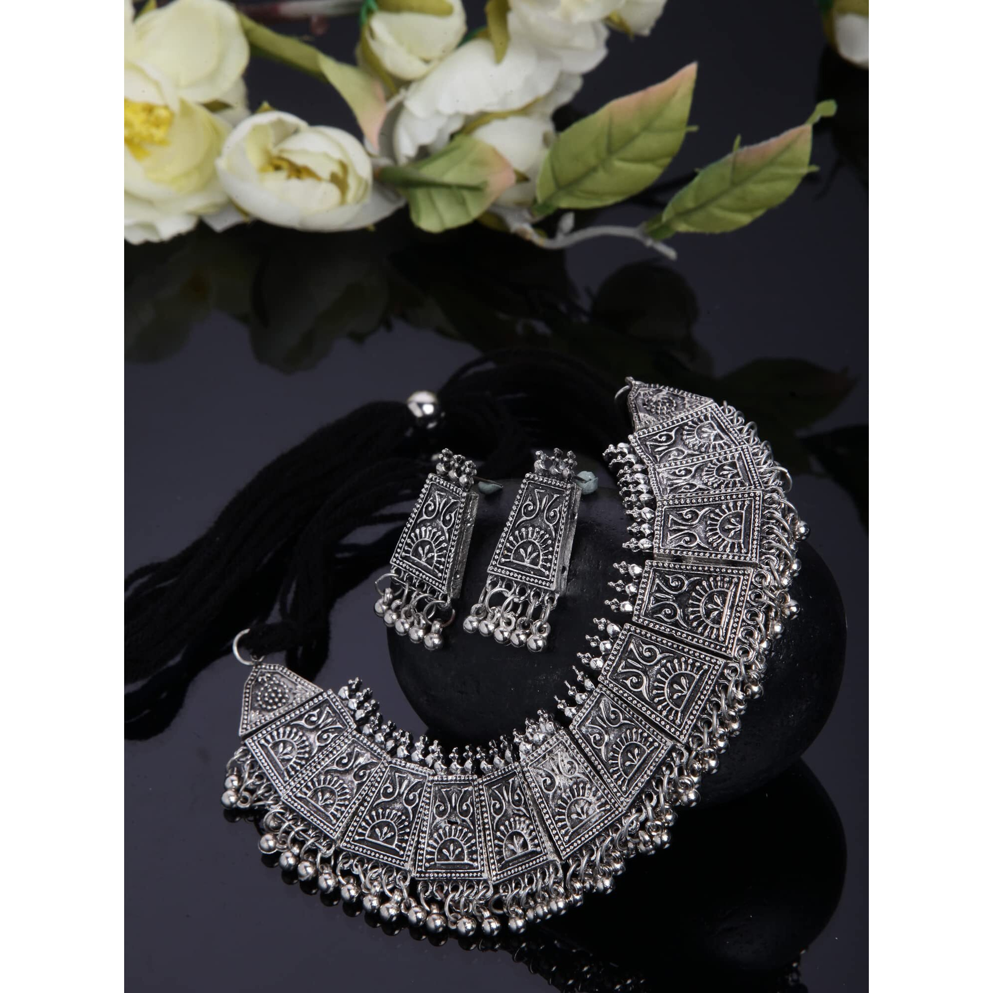 Shining Diva Fashion Latest Stylish Traditional Oxidised Silver Necklace Jewellery Set for Women (13108s)