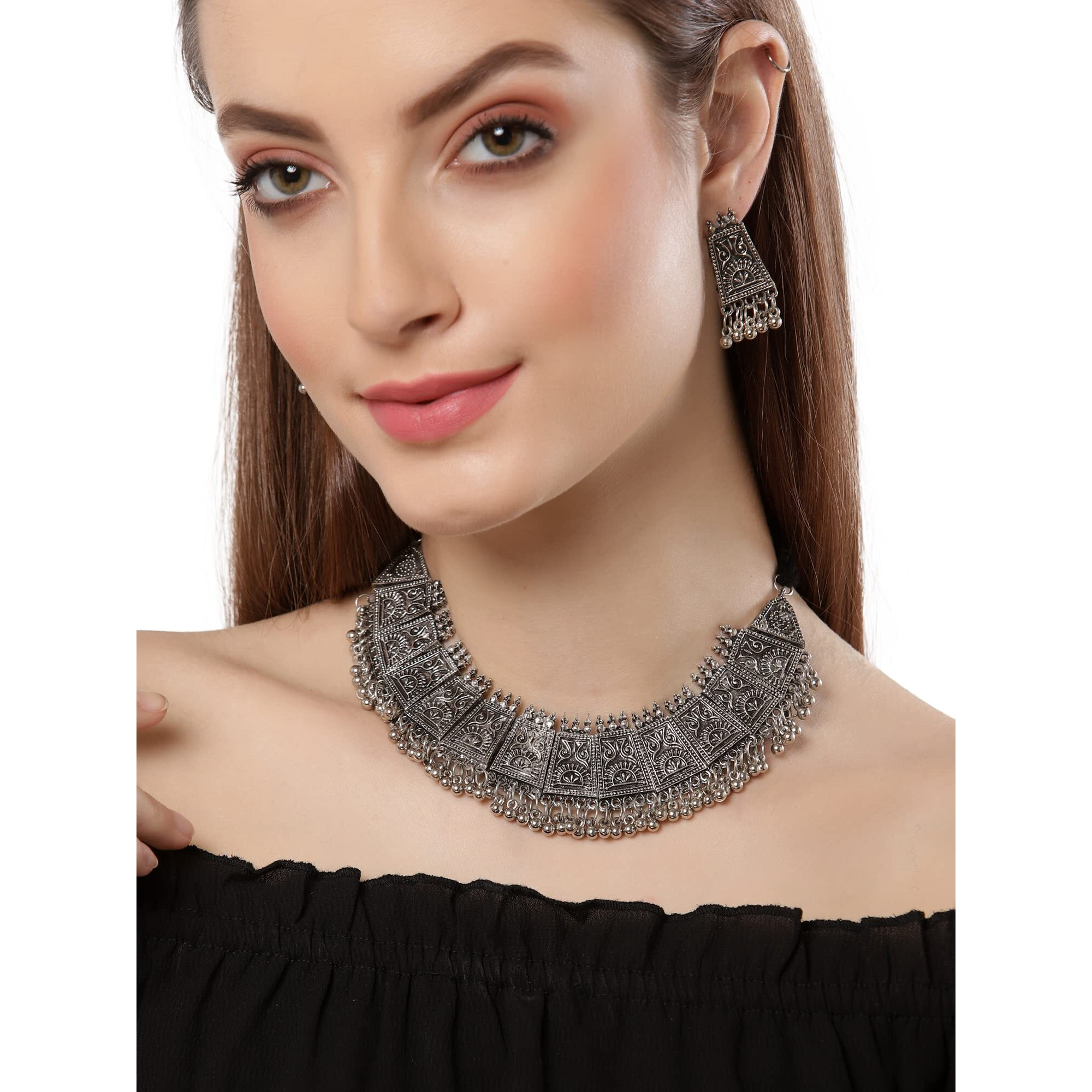 Shining Diva Fashion Latest Stylish Traditional Oxidised Silver Necklace Jewellery Set for Women (13108s)