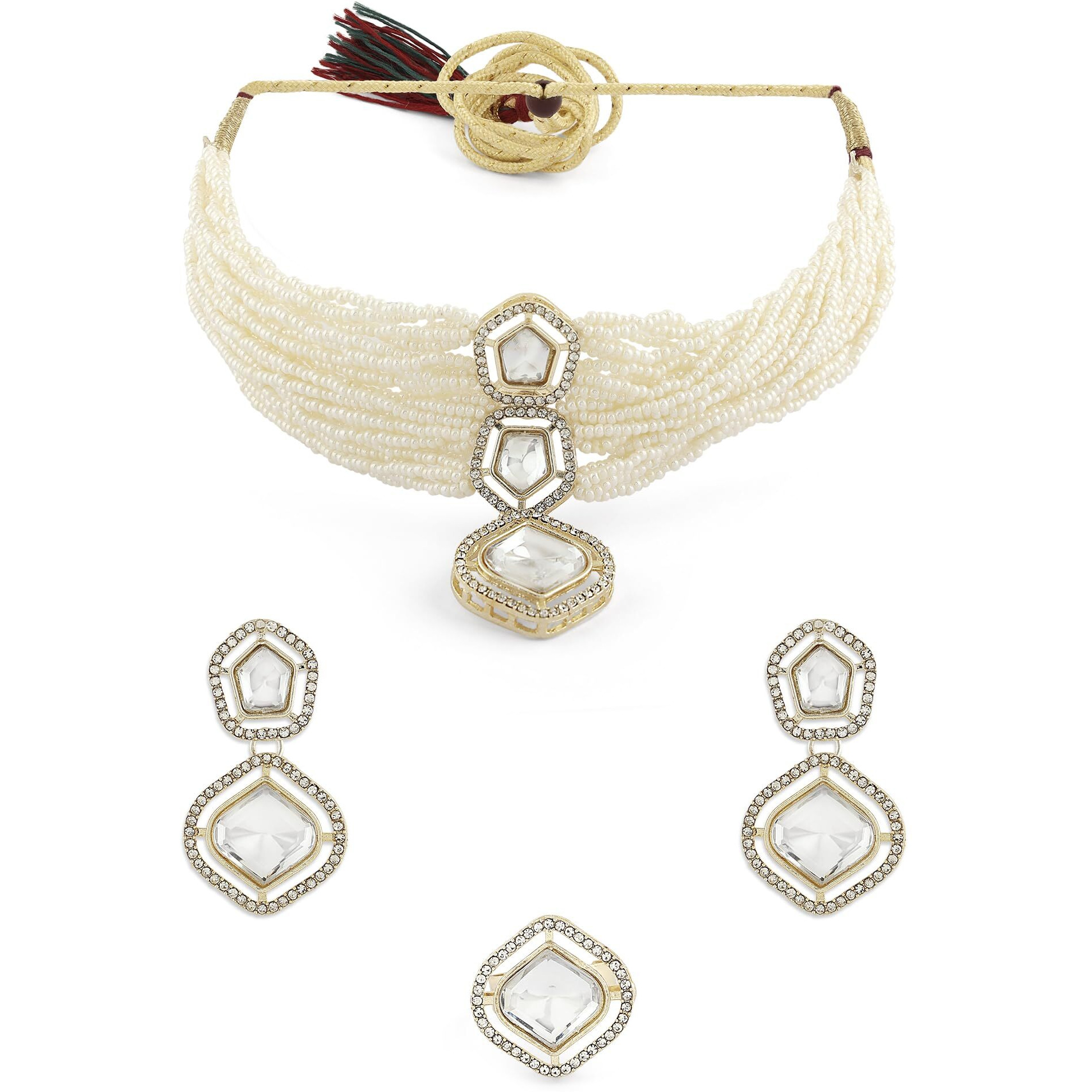 ZAVERI PEARLS Gold Tone Multistrand Beaded Austrian Diamonds Choker Necklace Earring & Ring Set For Women-ZPFK16762