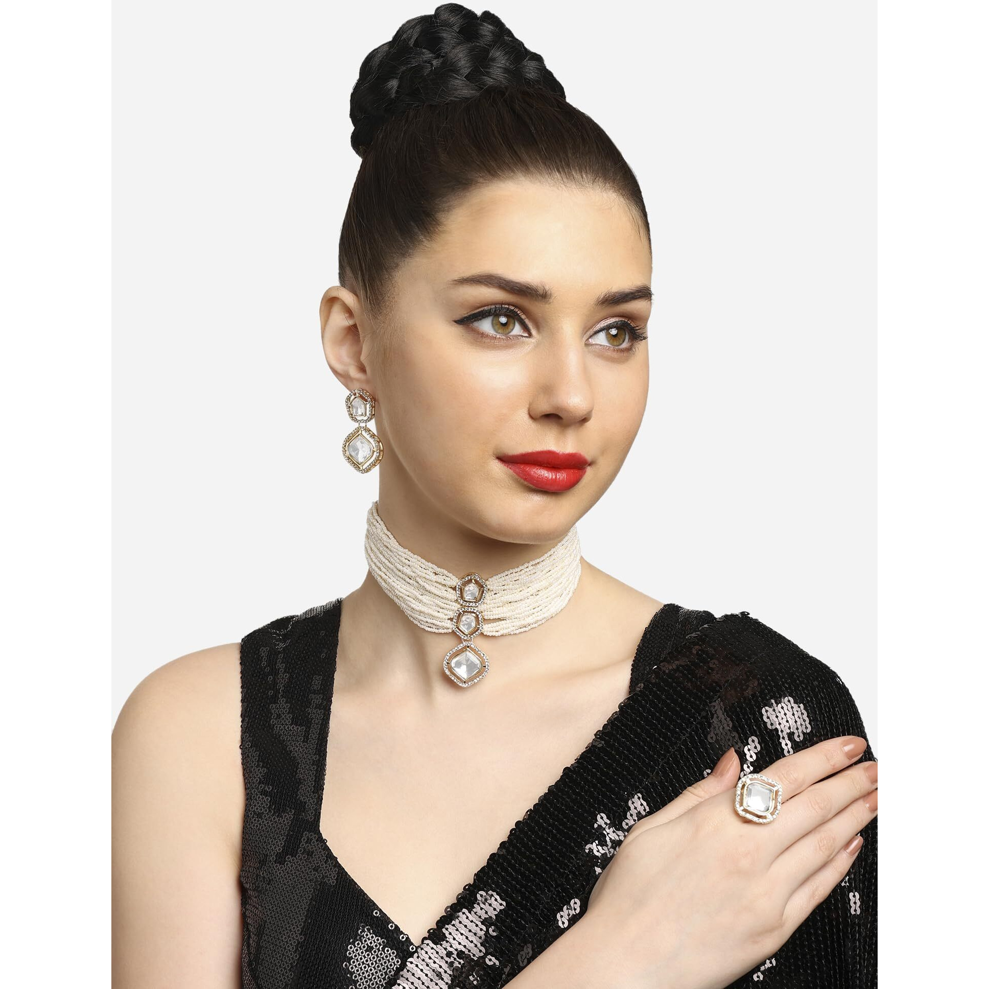 ZAVERI PEARLS Gold Tone Multistrand Beaded Austrian Diamonds Choker Necklace Earring & Ring Set For Women-ZPFK16762