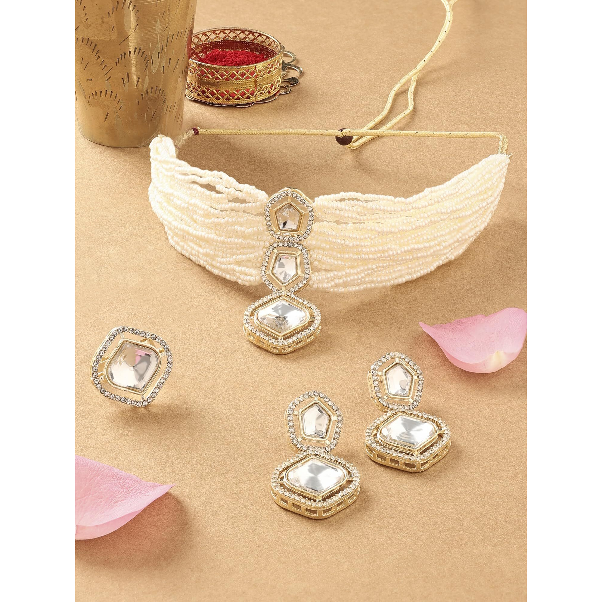 ZAVERI PEARLS Gold Tone Multistrand Beaded Austrian Diamonds Choker Necklace Earring & Ring Set For Women-ZPFK16762