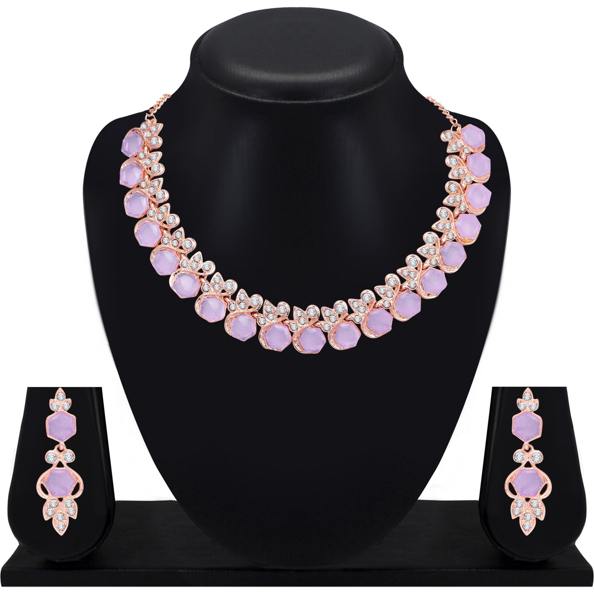 Atasi International Gold Plated Purple Cystals American Diamond Necklace Jewellery Set with Earrings for Women Suited for Party, Wedding, Engagement, Festive(PU5766)