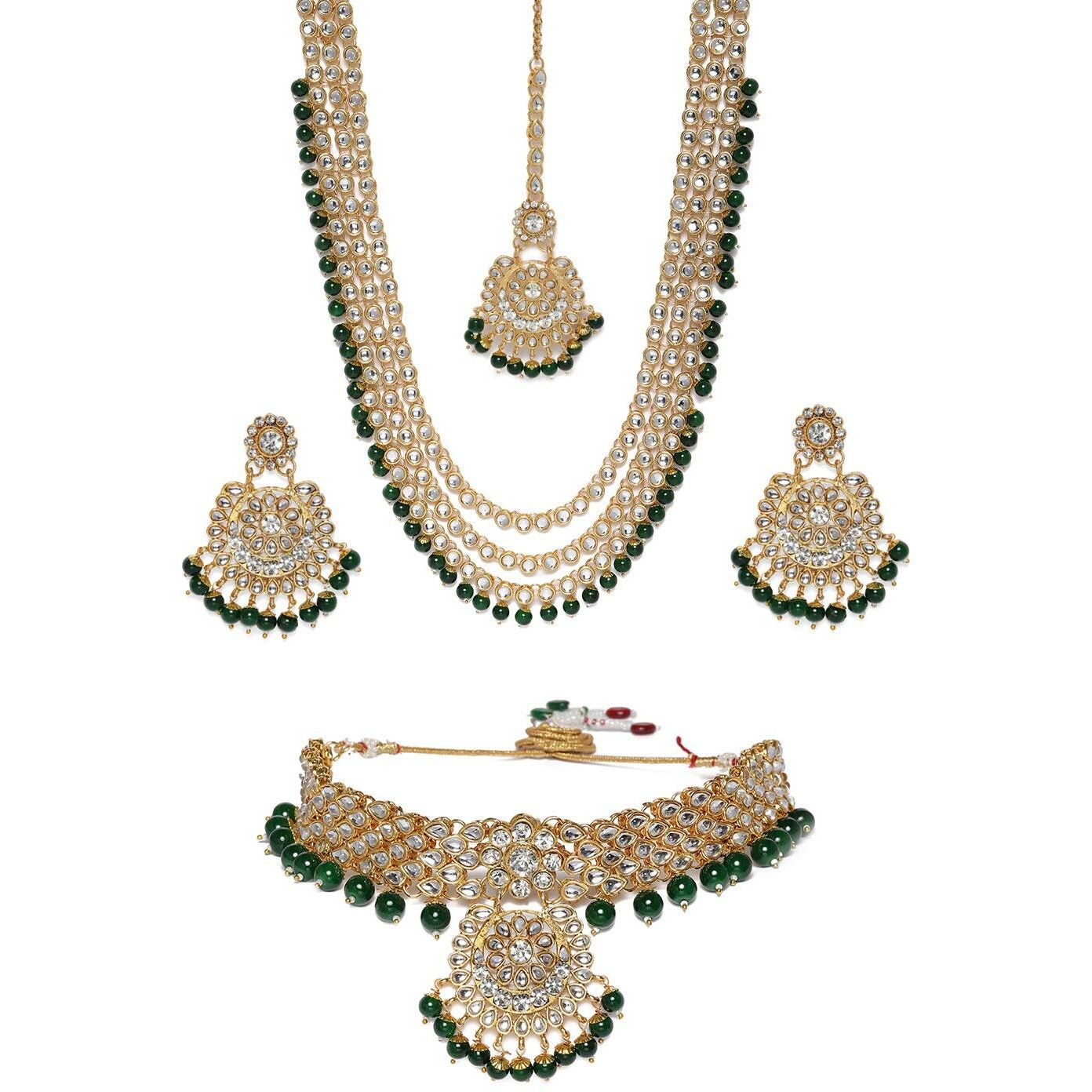 ZAVERI PEARLS Green Beads Bridal Kundan Choker & Long Necklace, Earring & Maangtikka Set For Women-ZPFK9793