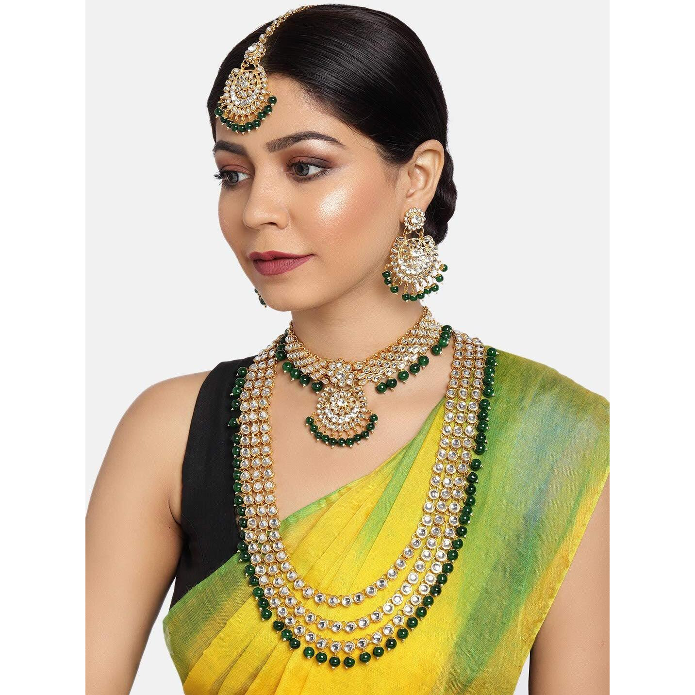 ZAVERI PEARLS Green Beads Bridal Kundan Choker & Long Necklace, Earring & Maangtikka Set For Women-ZPFK9793