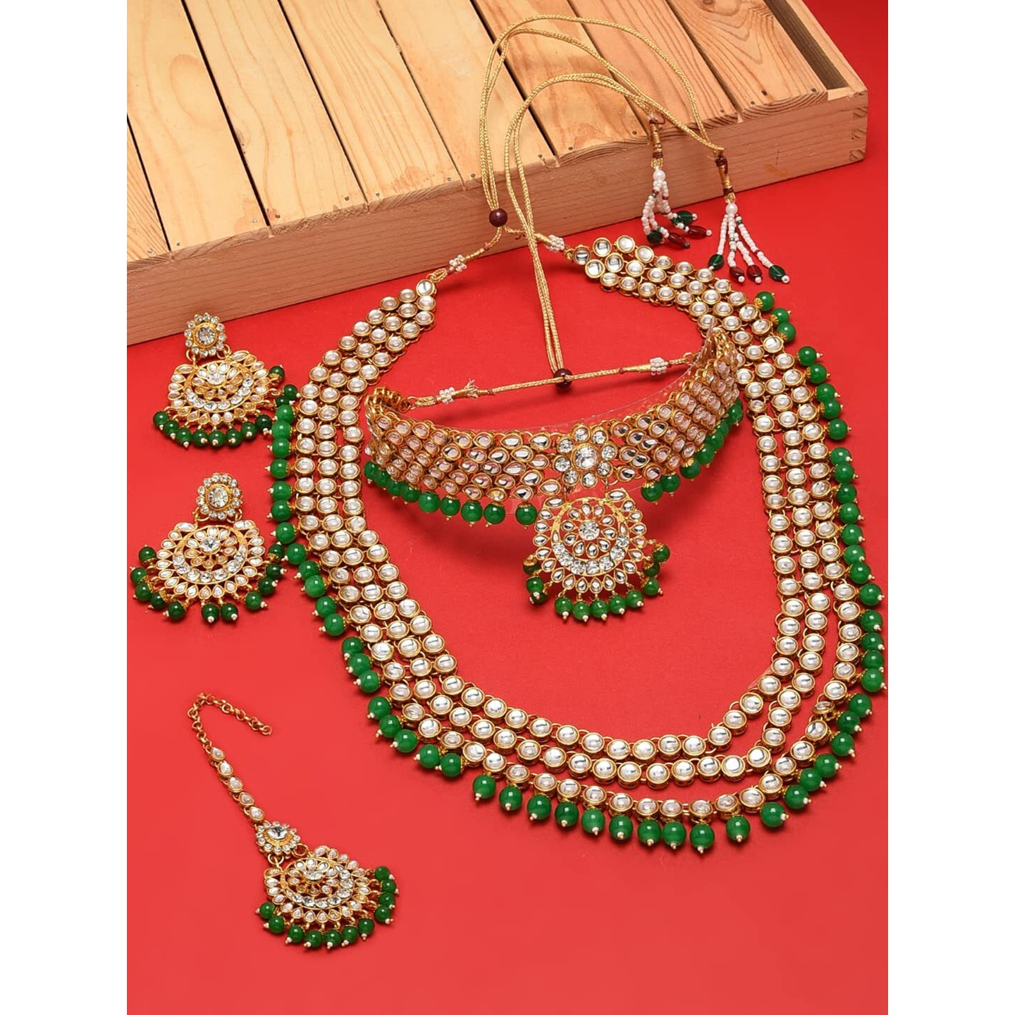 ZAVERI PEARLS Green Beads Bridal Kundan Choker & Long Necklace, Earring & Maangtikka Set For Women-ZPFK9793