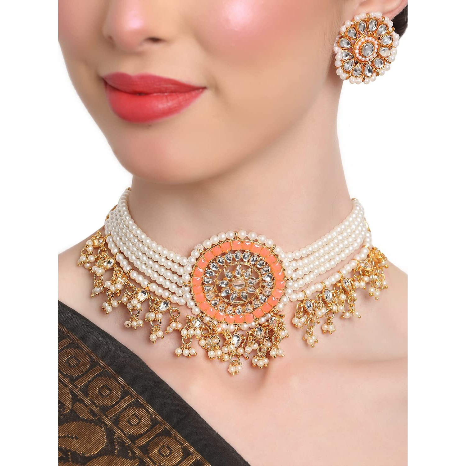 Shining Diva Fashion Latest Stylish Choker Traditional Pearl Kundan Necklace Jewellery Set for Women (Peach)(12820s), One