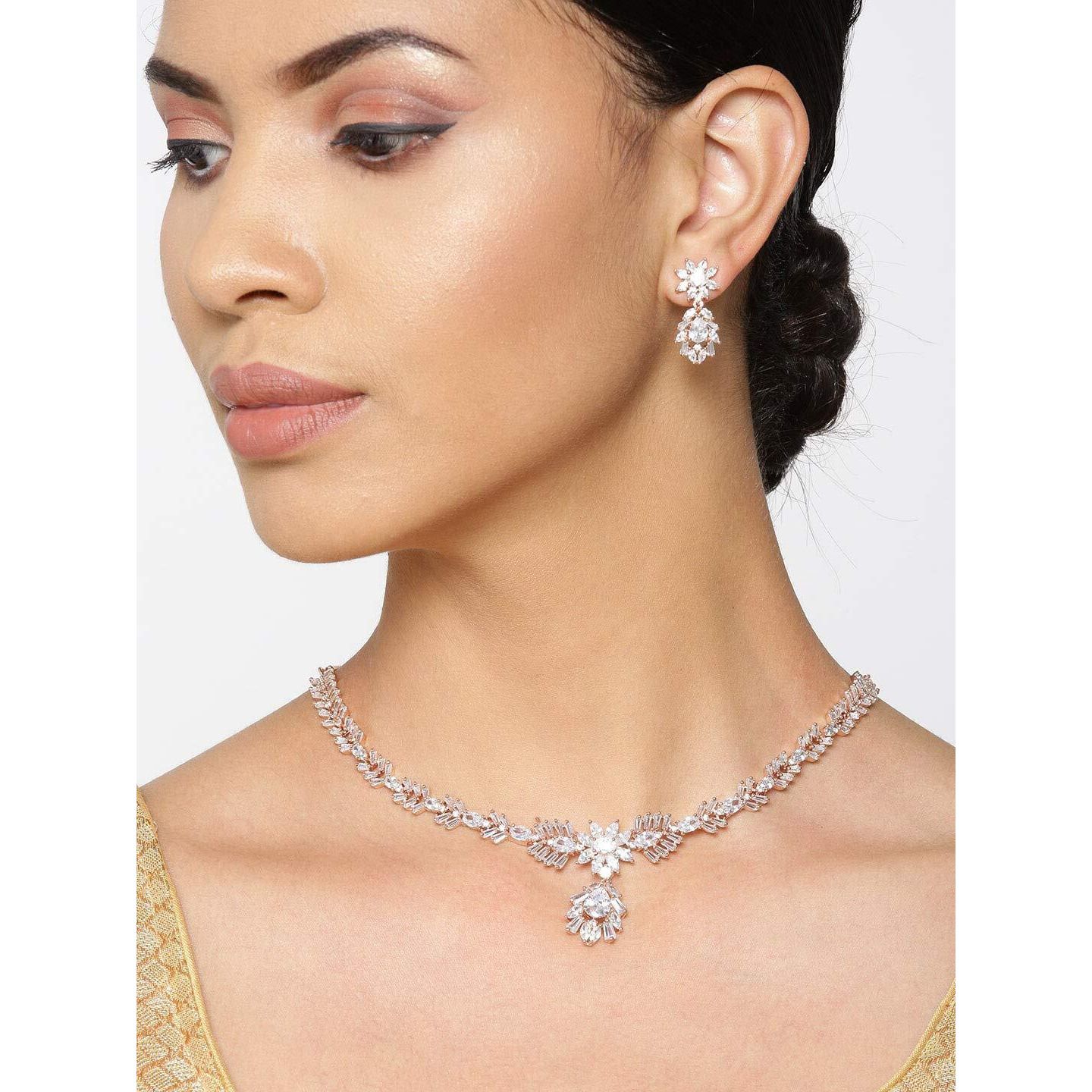 Priyaasi American Diamond Jewellery Set for Women | Fancy Jewellery | Designer Drop Rose Gold-Plated Floral Earrings & Necklace for Women & Girls