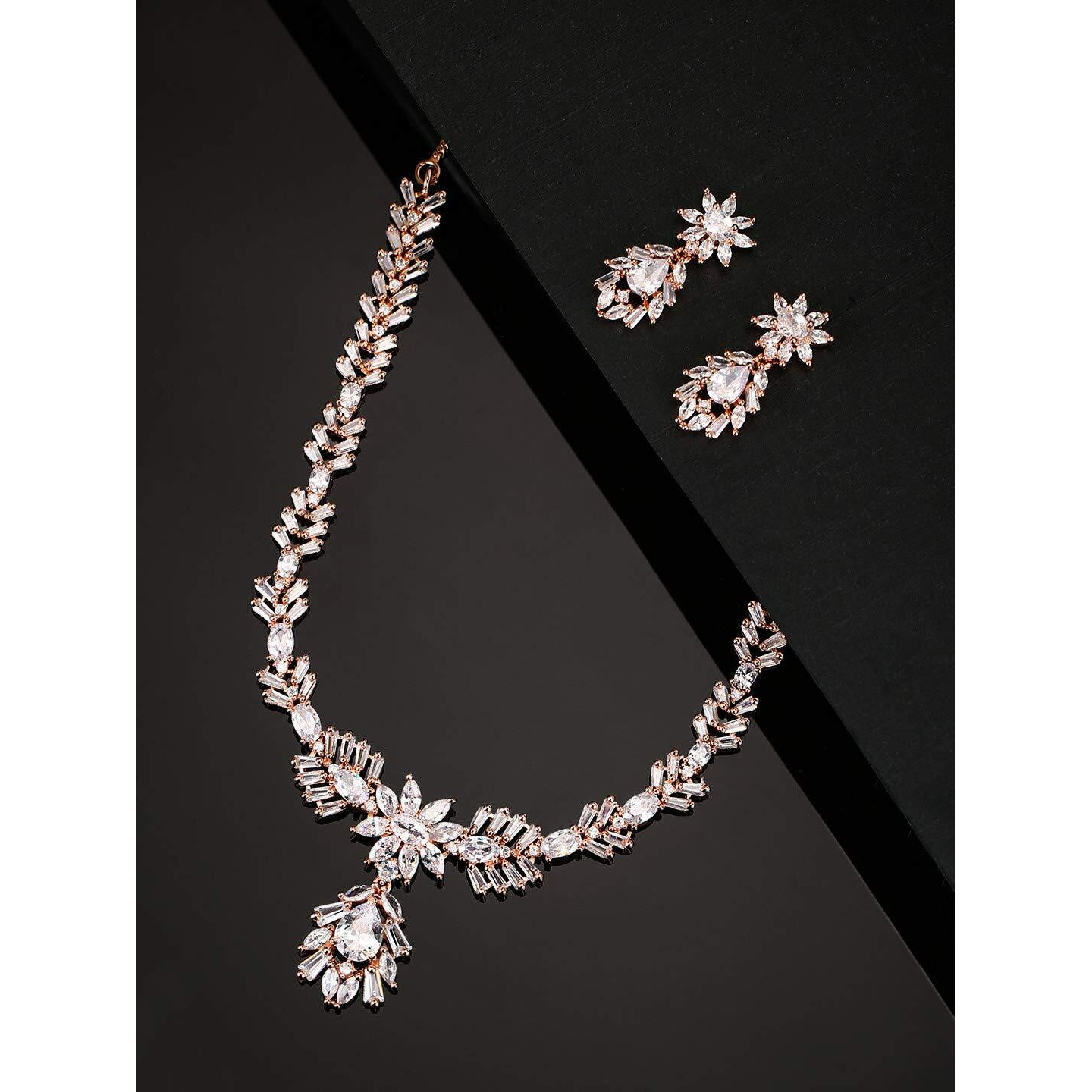 Priyaasi American Diamond Jewellery Set for Women | Fancy Jewellery | Designer Drop Rose Gold-Plated Floral Earrings & Necklace for Women & Girls