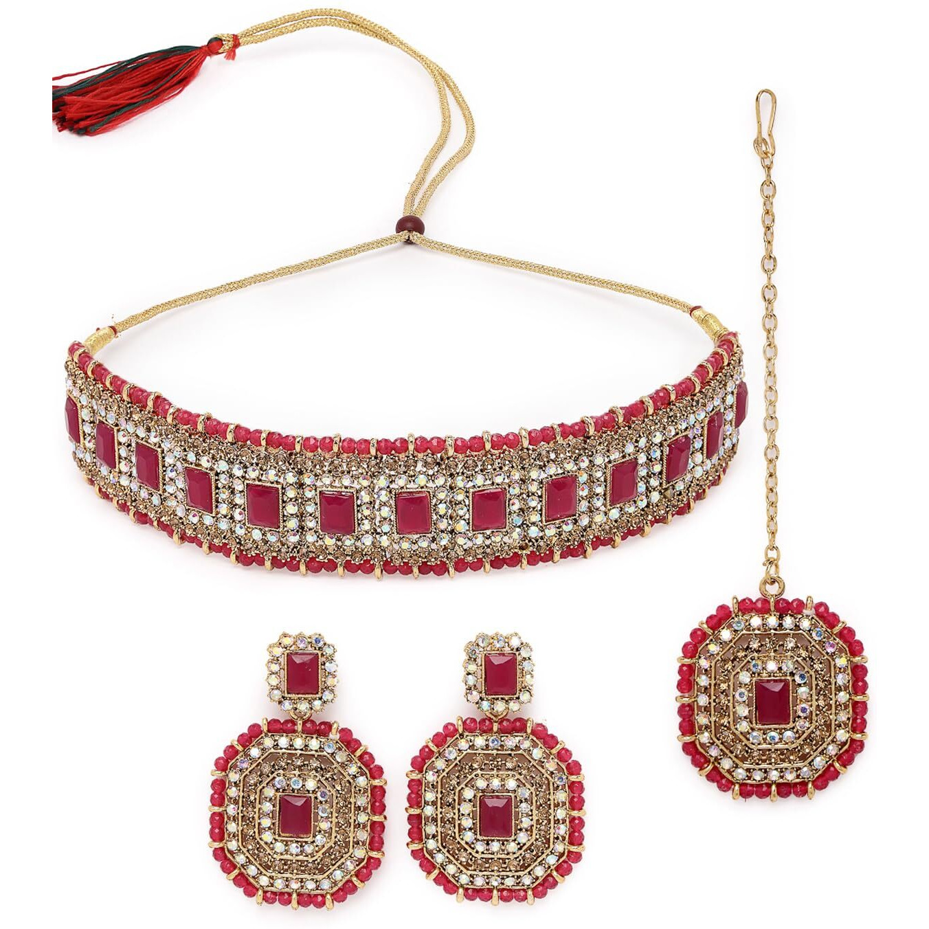 Sukkhi Decent Traditional Rani Pink Kundan & Beads Choker Necklace Set With Earring And Maangtika | Jewellery Set For Women (NS105594)