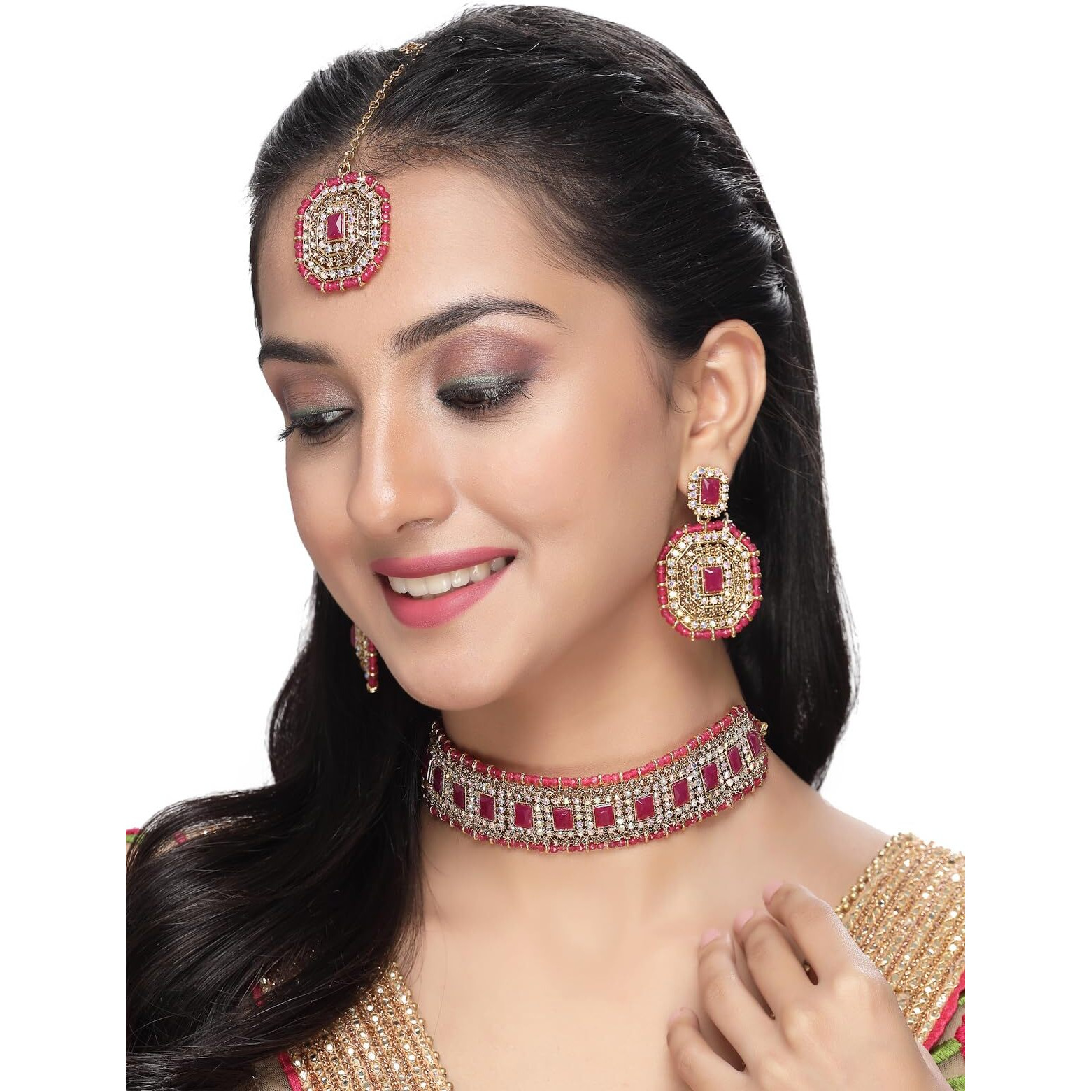 Sukkhi Decent Traditional Rani Pink Kundan & Beads Choker Necklace Set With Earring And Maangtika | Jewellery Set For Women (NS105594)