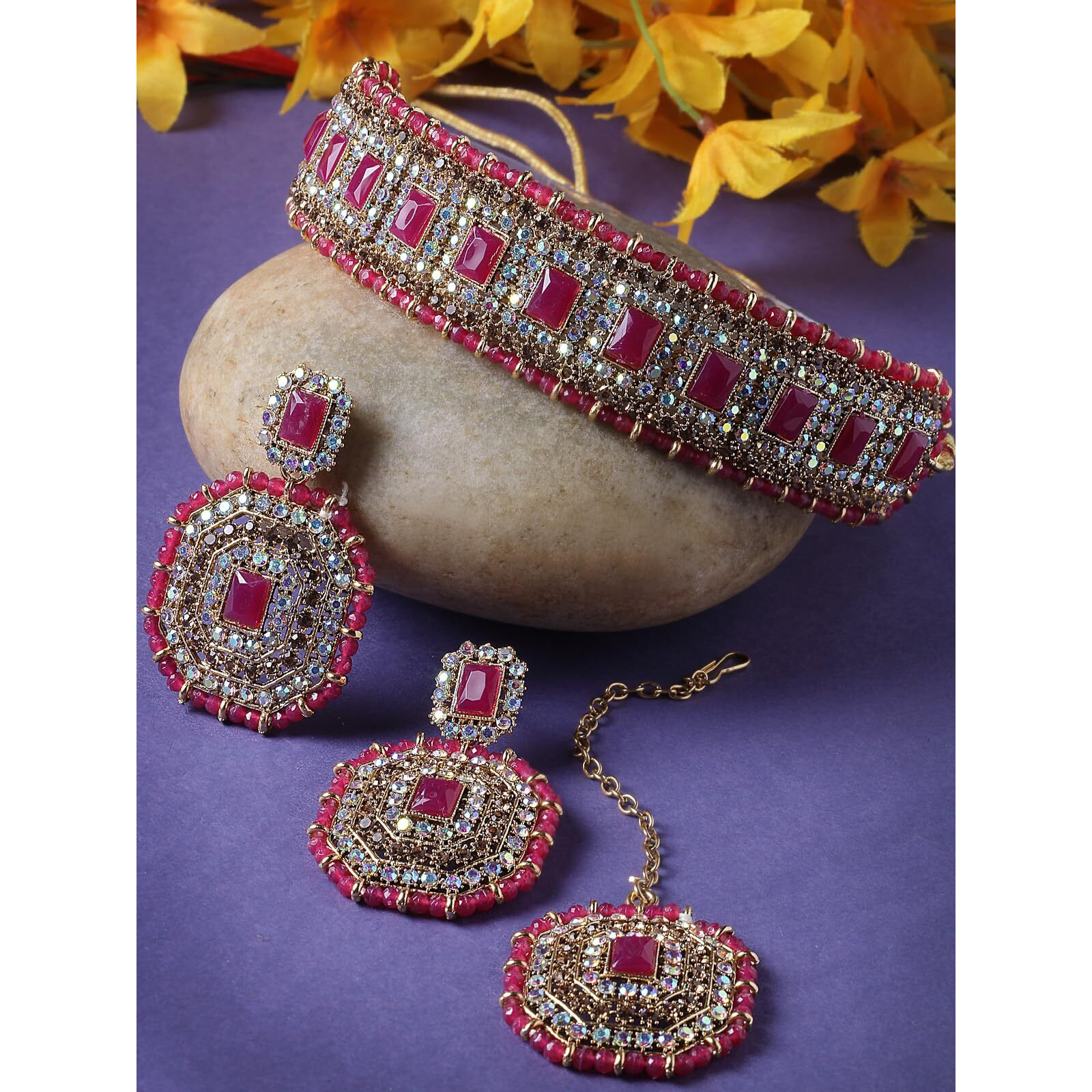 Sukkhi Decent Traditional Rani Pink Kundan & Beads Choker Necklace Set With Earring And Maangtika | Jewellery Set For Women (NS105594)