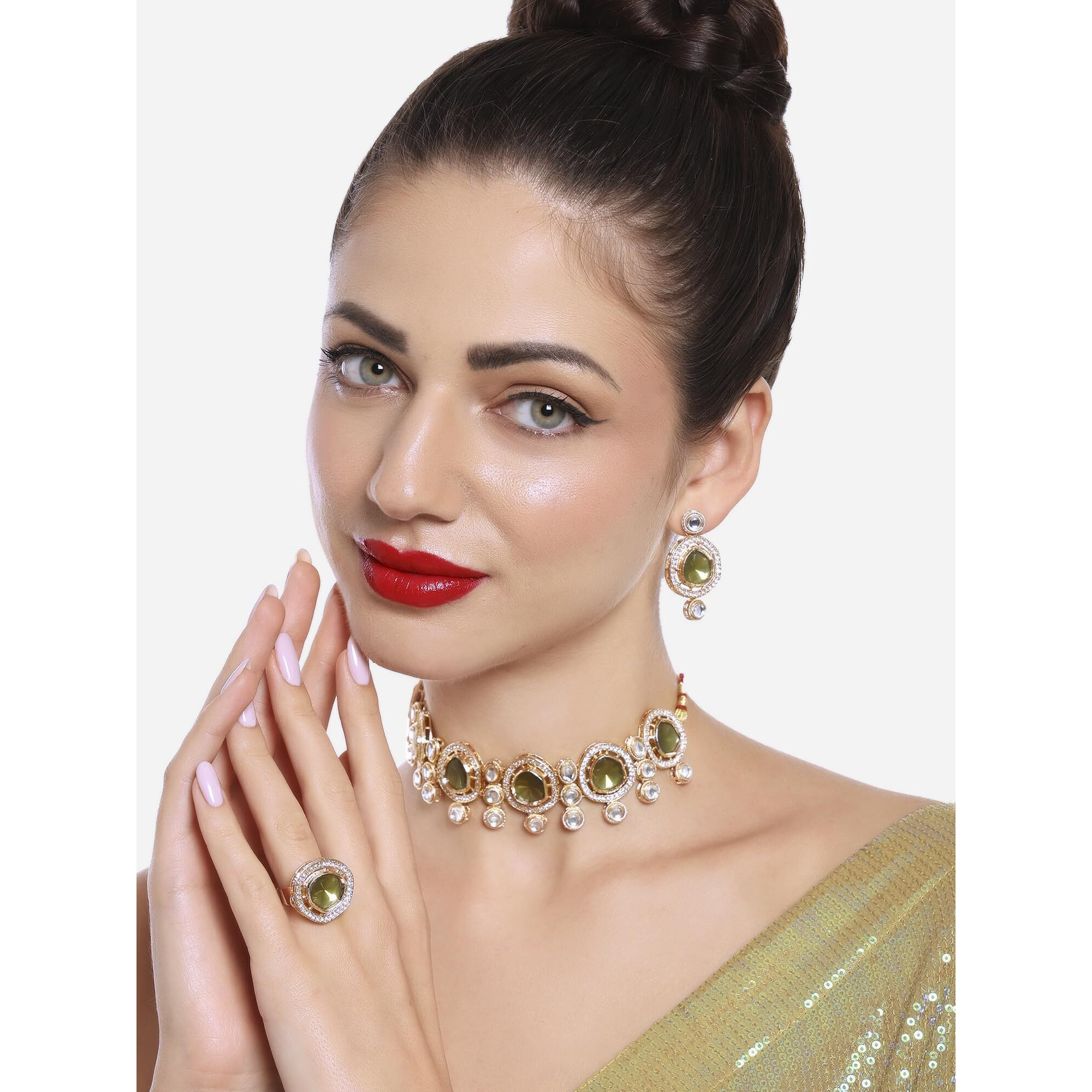 ZAVERI PEARLS Green Kundan & Austrain Diamonds Choker Necklace Earring & Ring Set For Women-ZPFK16631