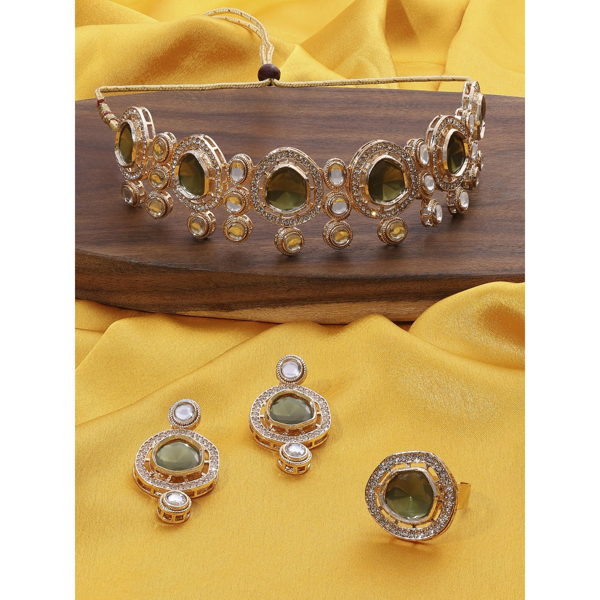 ZAVERI PEARLS Green Kundan & Austrain Diamonds Choker Necklace Earring & Ring Set For Women-ZPFK16631