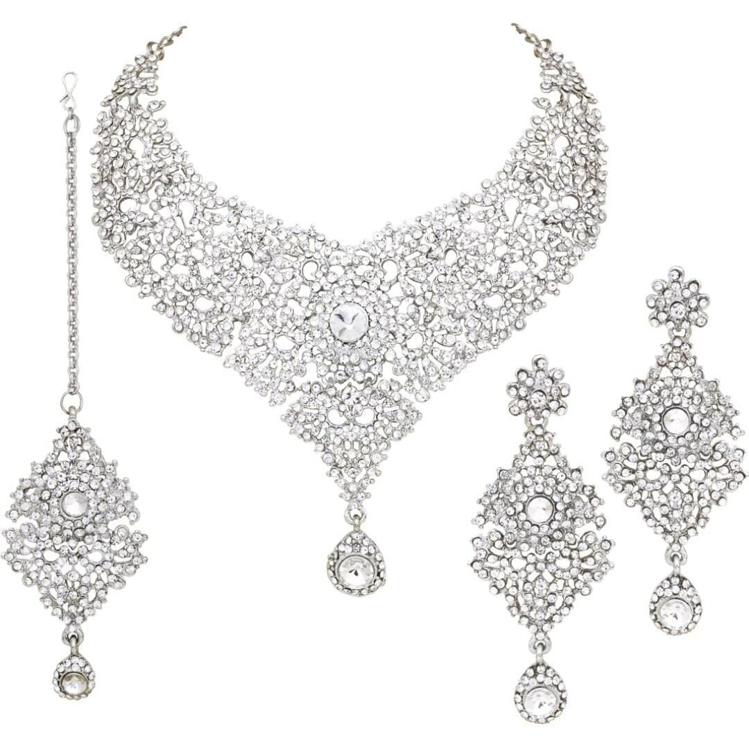 Atasi International Silver Plated Jewellery Set with Earrings and Maang Tikka- Jewellery Collection for Weddings, Parties, and Festivals- White (R1605)