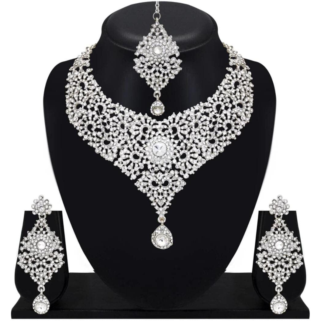 Atasi International Silver Plated Jewellery Set with Earrings and Maang Tikka- Jewellery Collection for Weddings, Parties, and Festivals- White (R1605)