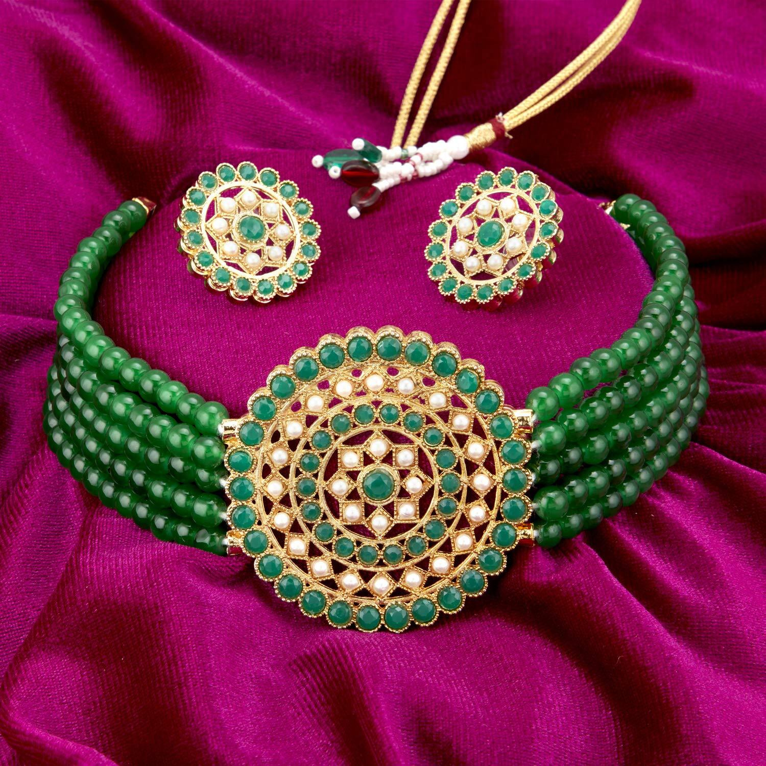Sukkhi Amazing Gold Plated Green & White Pearl Choker Necklace Set for Women (SKR70445), free size