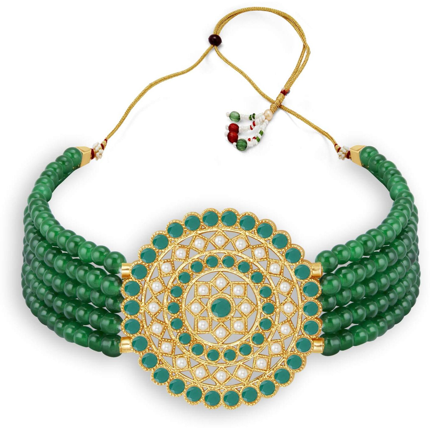 Sukkhi Amazing Gold Plated Green & White Pearl Choker Necklace Set for Women (SKR70445), free size