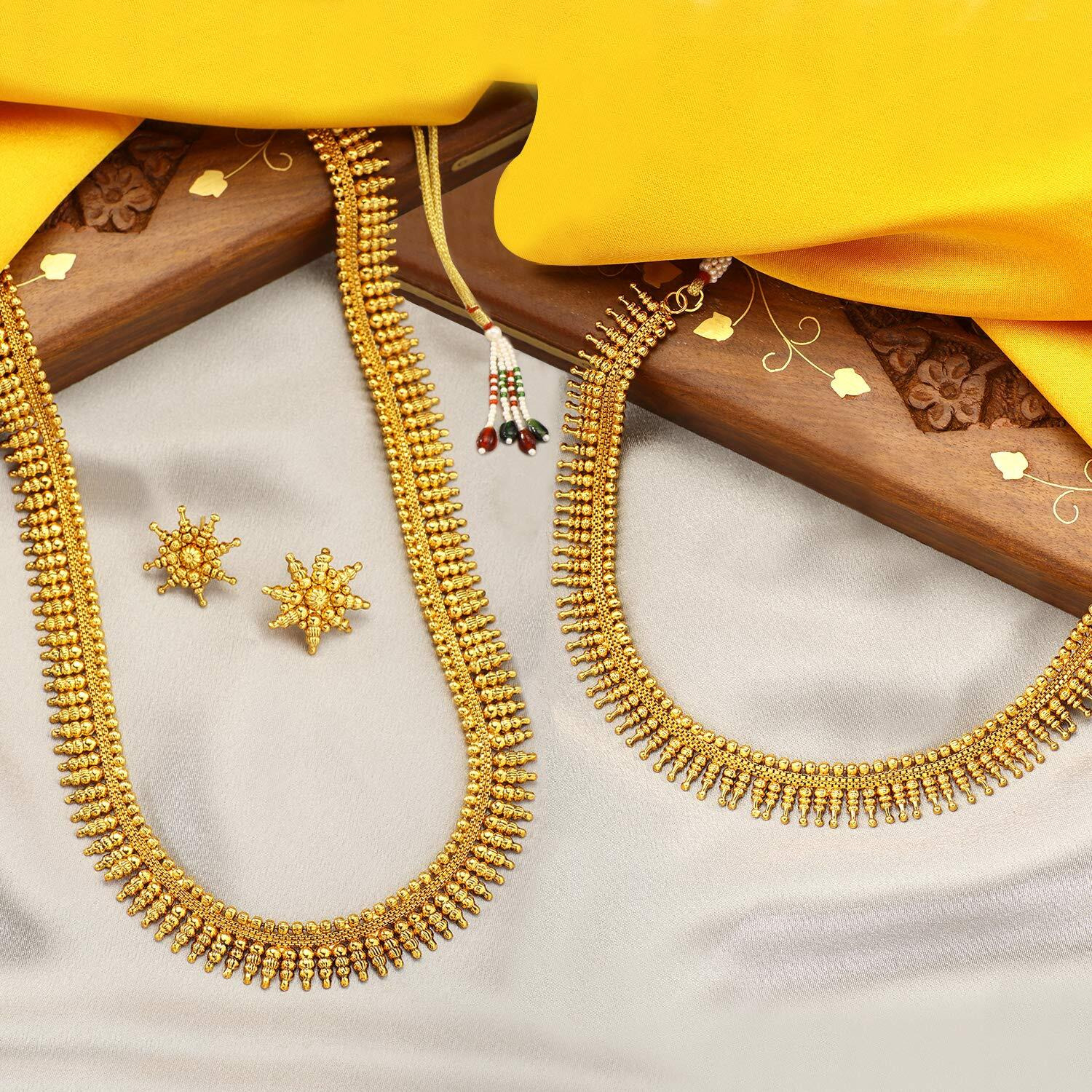 Peora Traditional Gold Plated Long Short Maharani Haar Necklace with Earrings South Indian Traditional Bridal Combo Jewellery Set for Women Girls