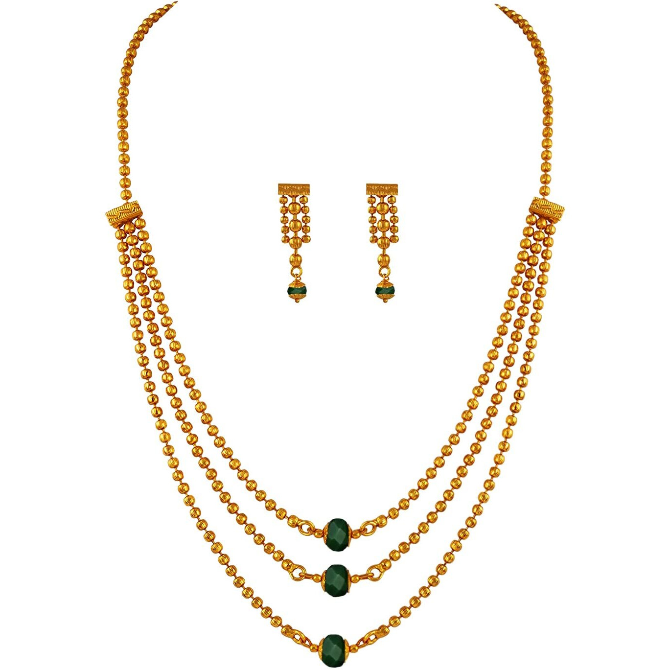 JFL - Jewellery for Less Traditional Ethnic One Gram 3 Layer Gold Plated Beaded Chain with Green Onyx Stone Long Necklace Set with Earring for Women and Girls,Valentine