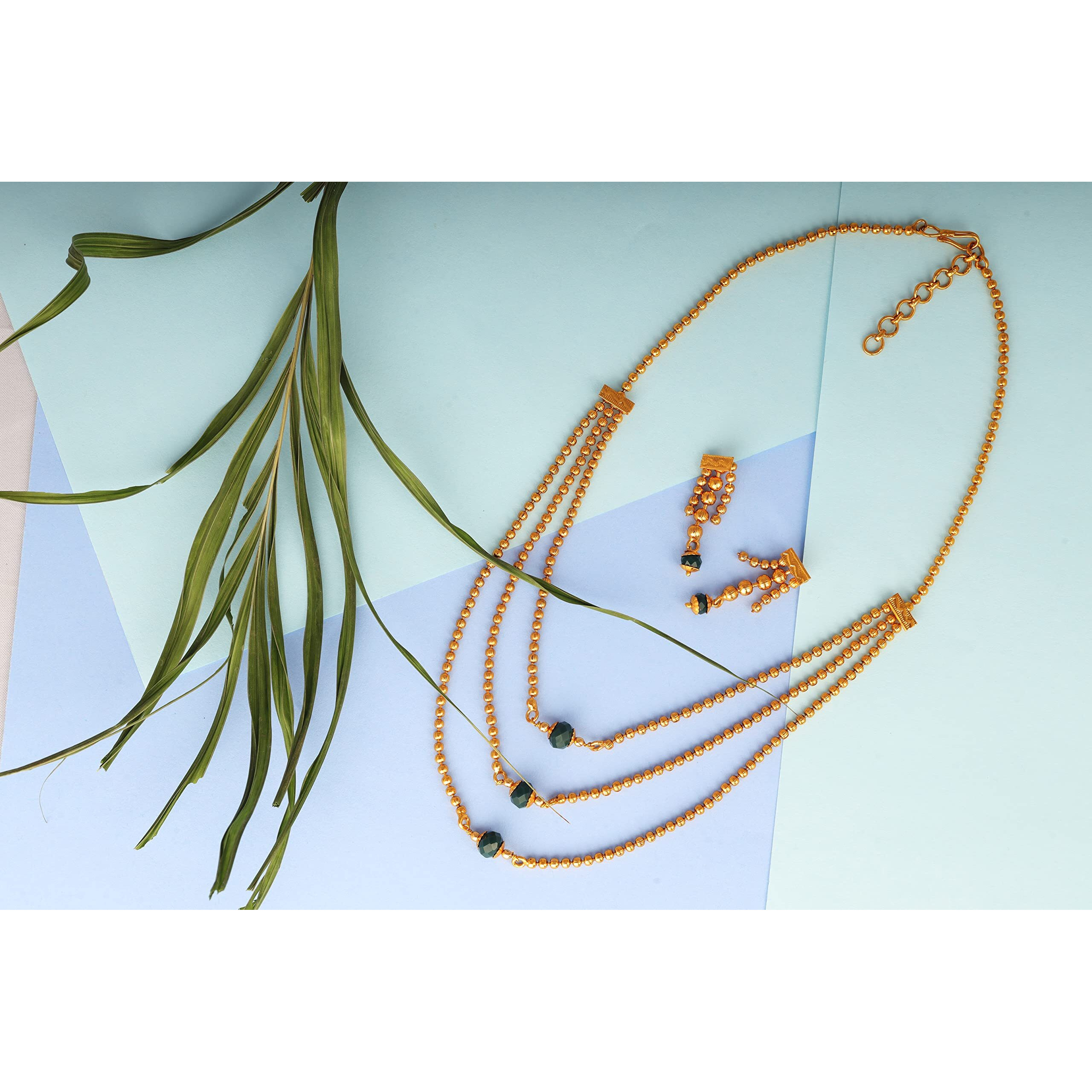 JFL - Jewellery for Less Traditional Ethnic One Gram 3 Layer Gold Plated Beaded Chain with Green Onyx Stone Long Necklace Set with Earring for Women and Girls,Valentine