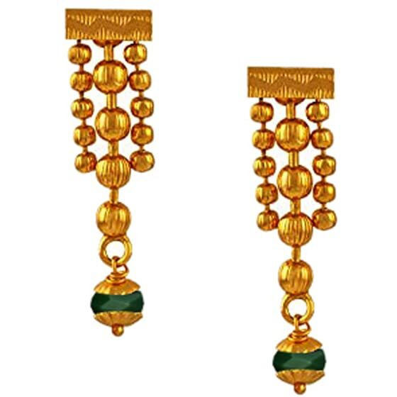 JFL - Jewellery for Less Traditional Ethnic One Gram 3 Layer Gold Plated Beaded Chain with Green Onyx Stone Long Necklace Set with Earring for Women and Girls,Valentine