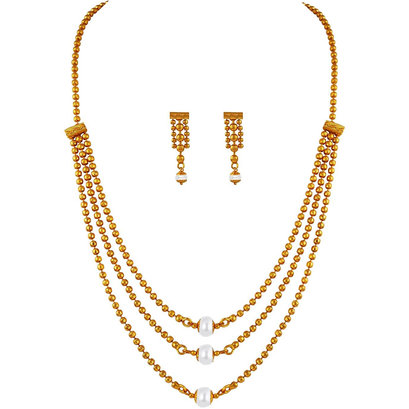 JFL - Jewellery for Less Traditional Ethnic One Gram 3 Layer Gold Plated Beaded Chain with White Pearl Long Necklace Set with Earring for Women and Girls(Pearl),Valentine