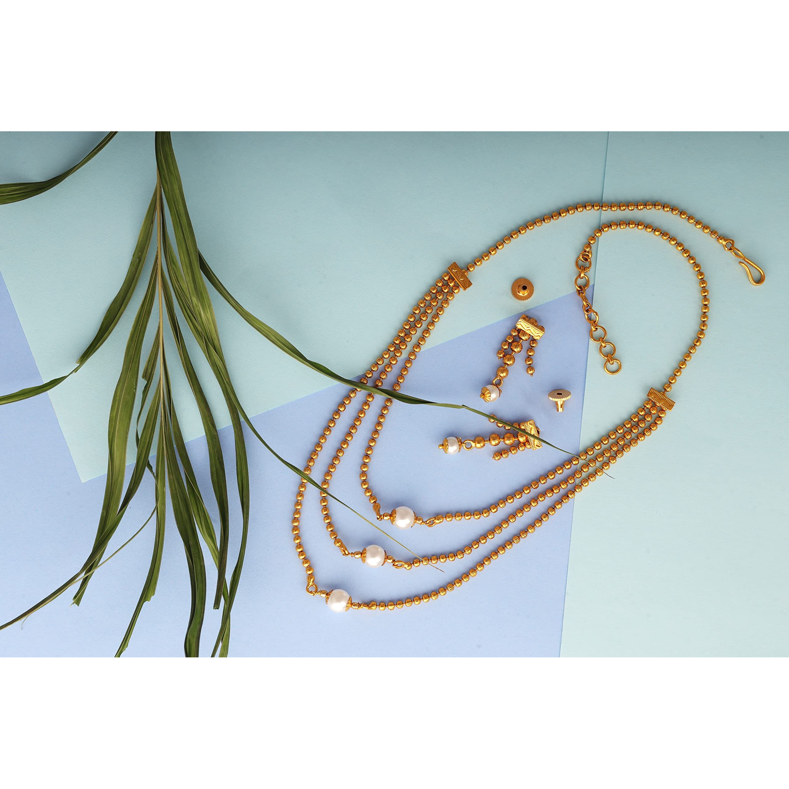 JFL - Jewellery for Less Traditional Ethnic One Gram 3 Layer Gold Plated Beaded Chain with White Pearl Long Necklace Set with Earring for Women and Girls(Pearl),Valentine