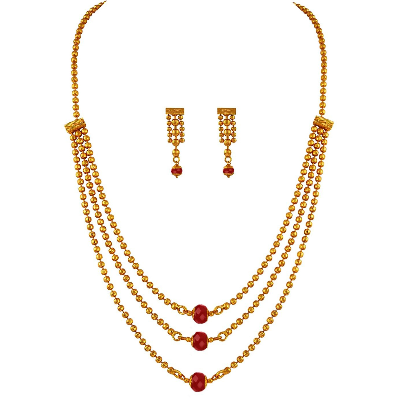 JFL - Jewellery for Less Traditional Ethnic One Gram 3 Layer Gold Plated Beaded Chain with Maroon Onyx Stone Long Necklace Set for Women and Girls,Valentine