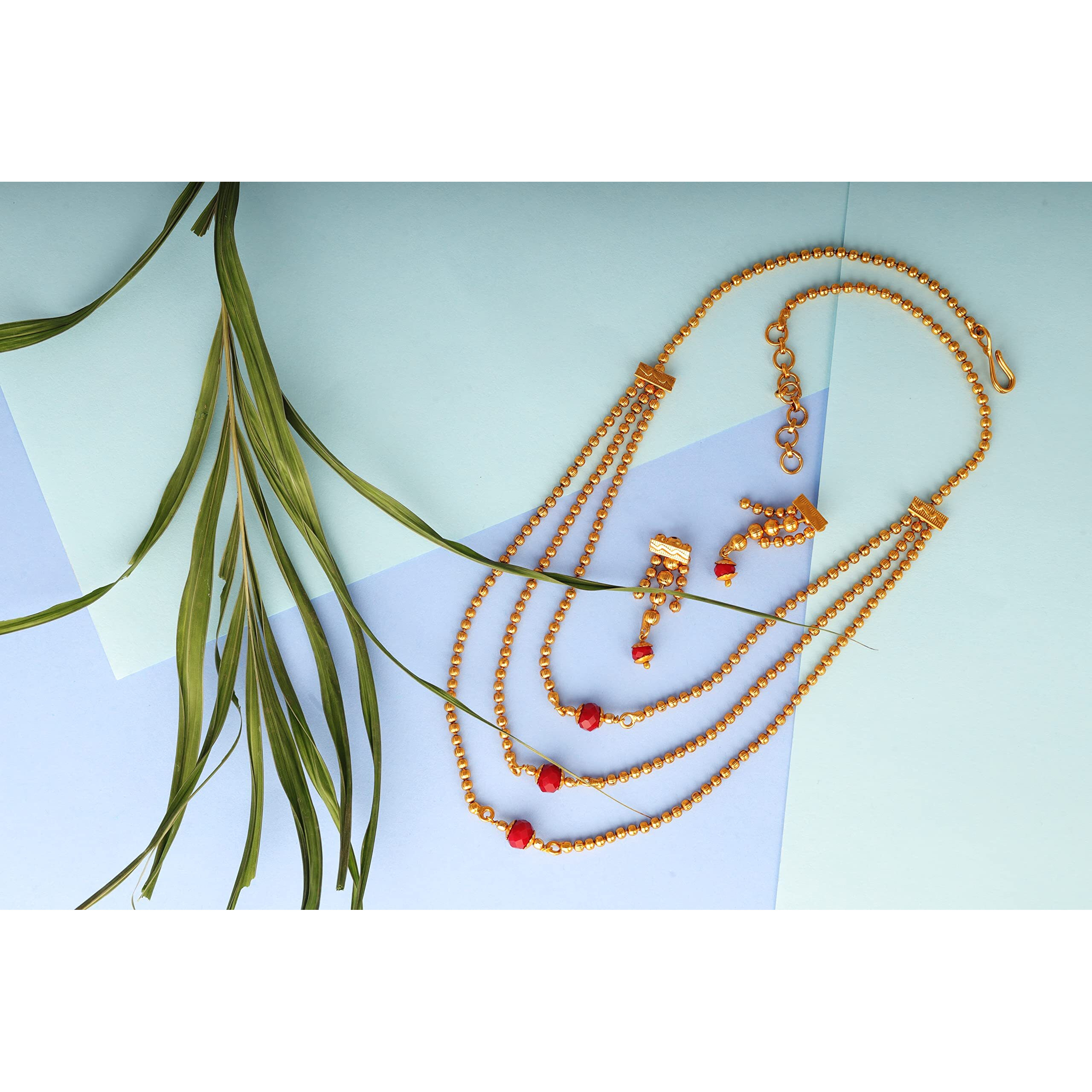 JFL - Jewellery for Less Traditional Ethnic One Gram 3 Layer Gold Plated Beaded Chain with Maroon Onyx Stone Long Necklace Set for Women and Girls,Valentine