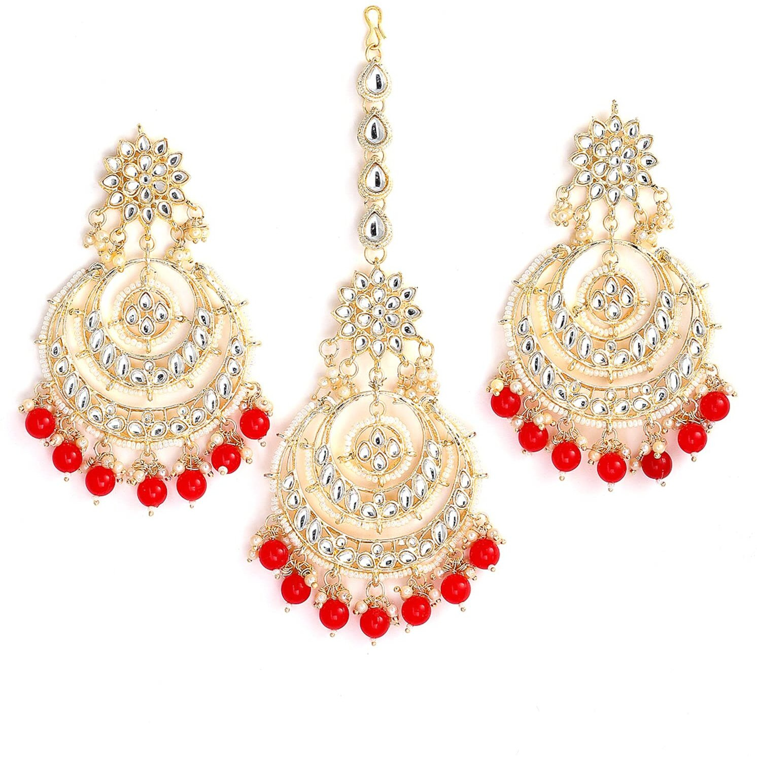 ZENEME Traditional Gold Plated Big Chandbali Kundan & Pearl Earring Set With Maang Tikka for Women (Rani)