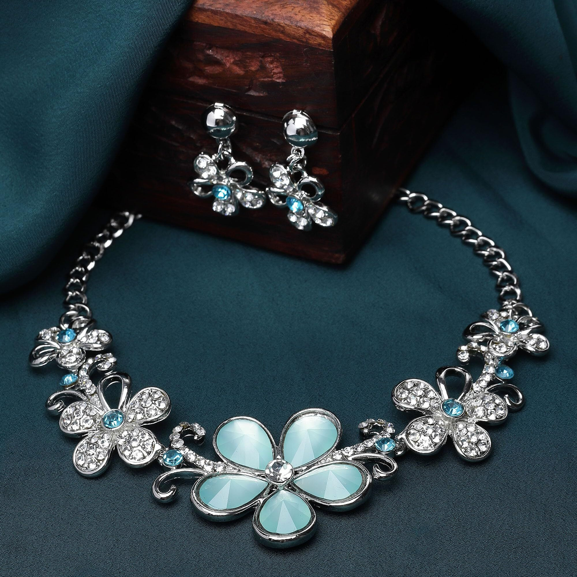 ZENEME Rhodium-Plated American Diamonds Studded Floweret Necklace With Earrings Jewellery Set For Girls and Women (Sea Green-Silver)