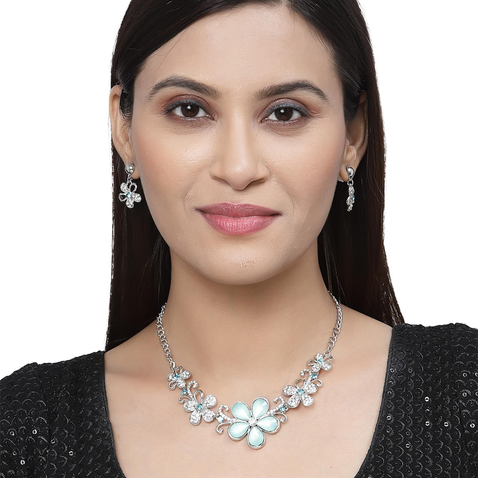 ZENEME Rhodium-Plated American Diamonds Studded Floweret Necklace With Earrings Jewellery Set For Girls and Women (Sea Green-Silver)